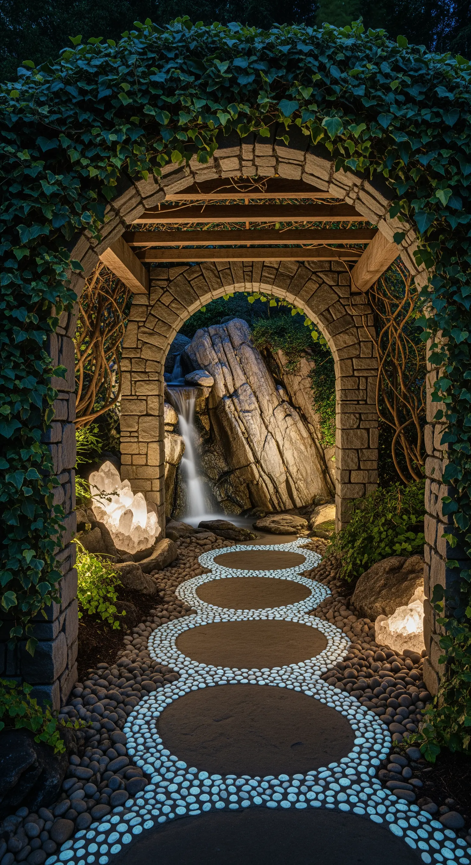 Sentiero notturno in un giardino roccioso, con cerchi decorativi fatti di ciottoli che si illuminano al buio.