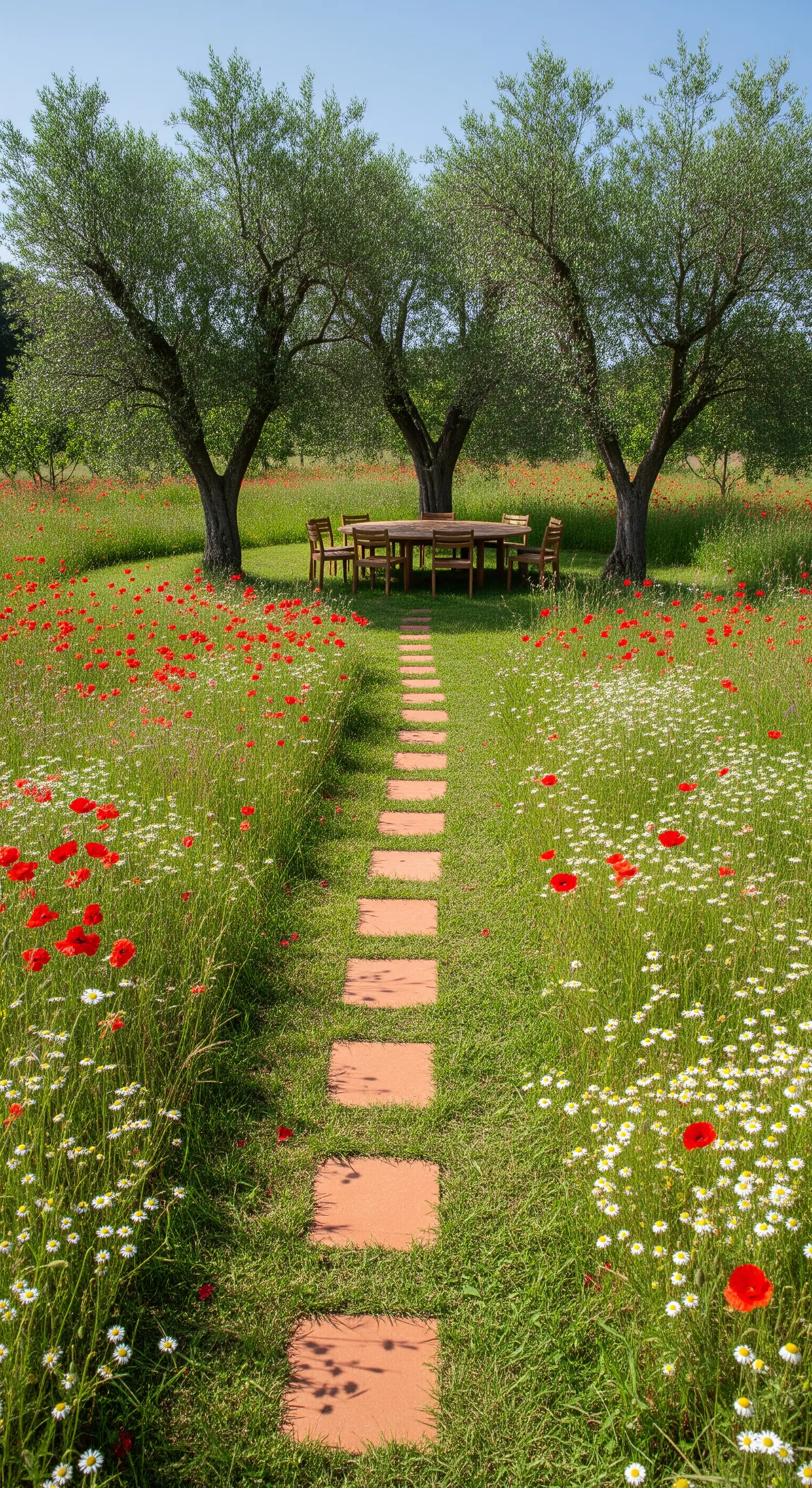 Sentiero in cotto attraverso un prato di papaveri che conduce a un tavolo da pranzo in legno.