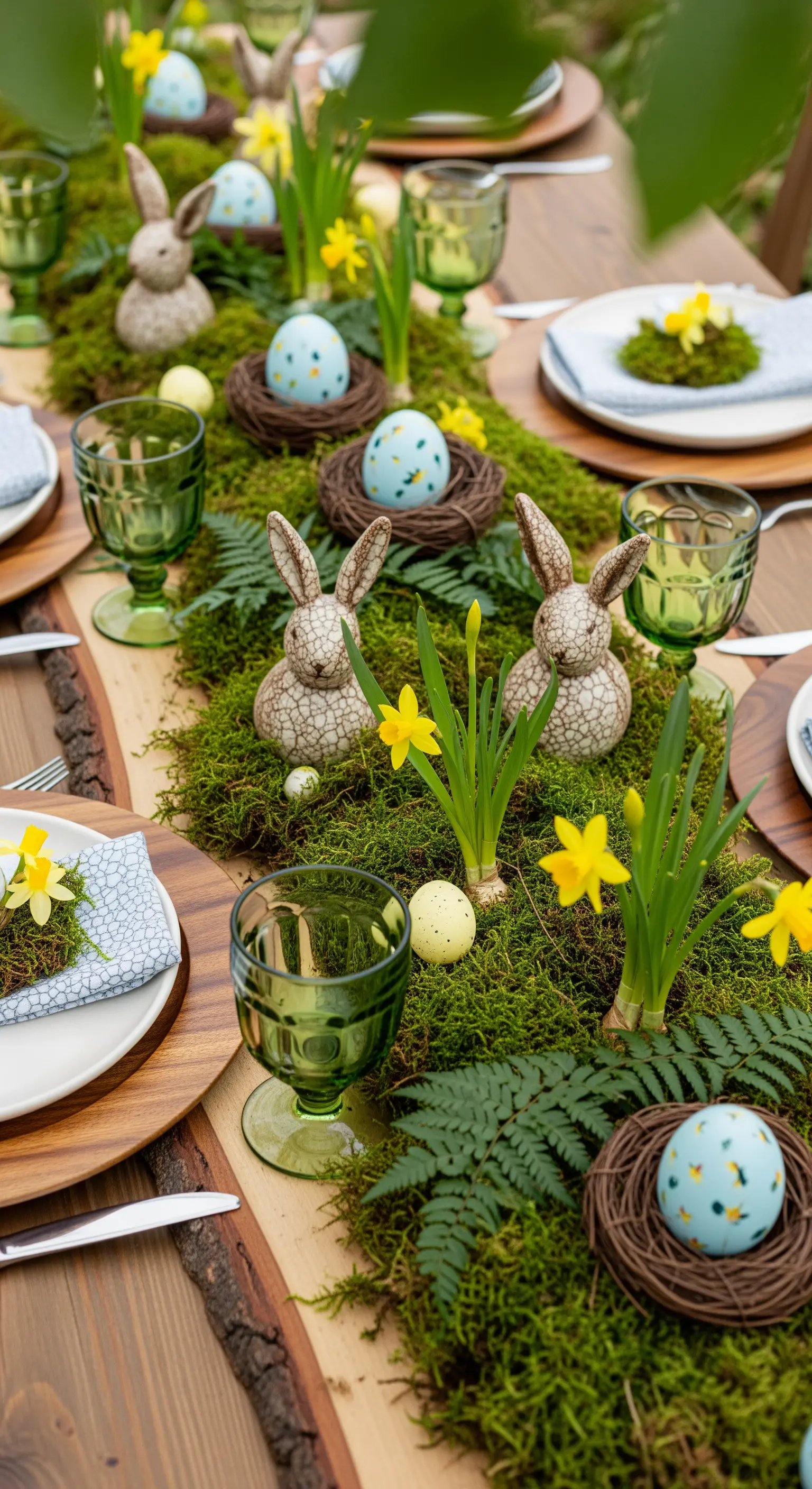 Centrotavola pasquale con runner di muschio, coniglietti rustici, nidi e narcisi