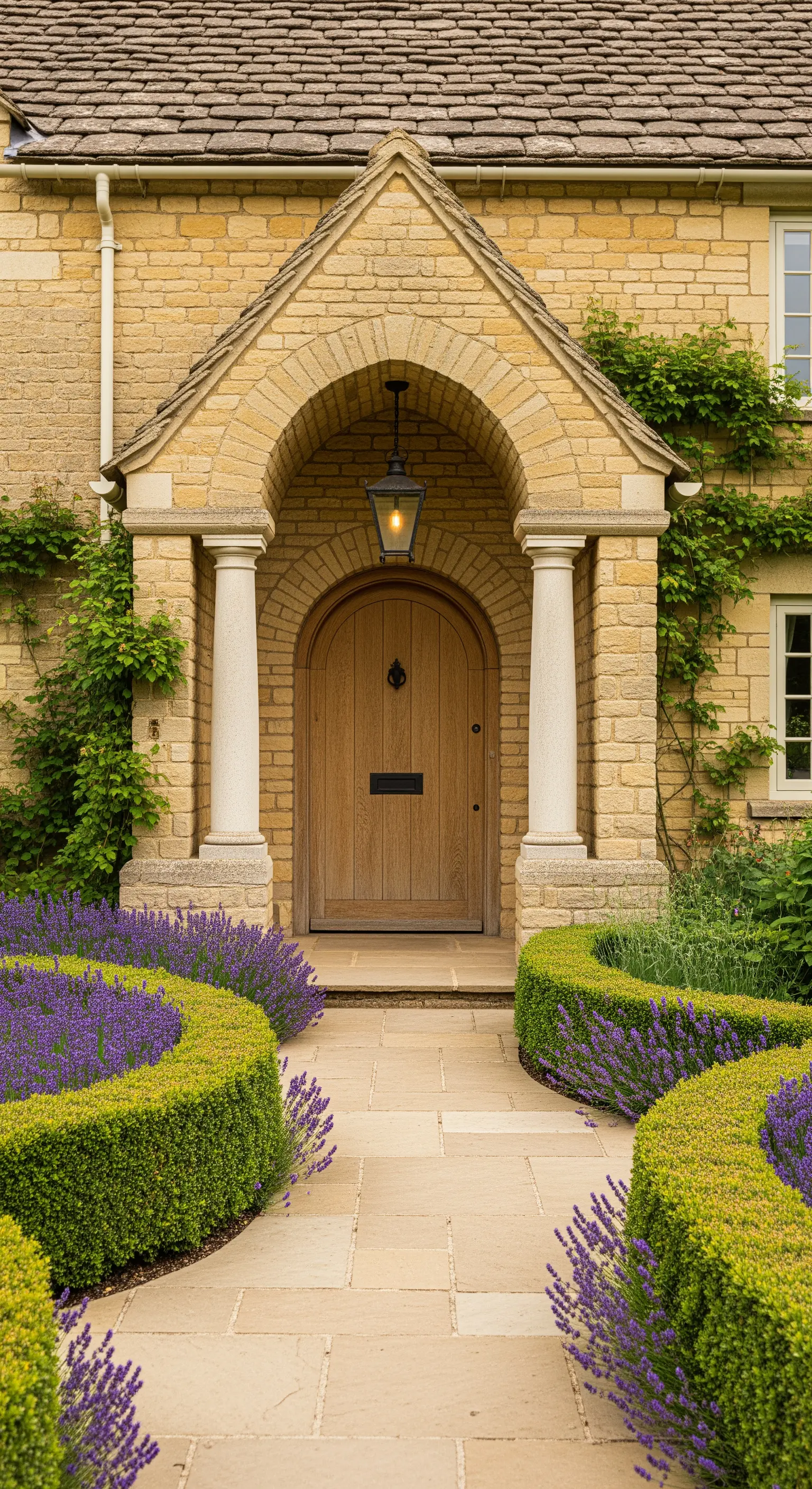 Portico ad arco di una casa in pietra con un sentiero curvo fiancheggiato da lavanda.