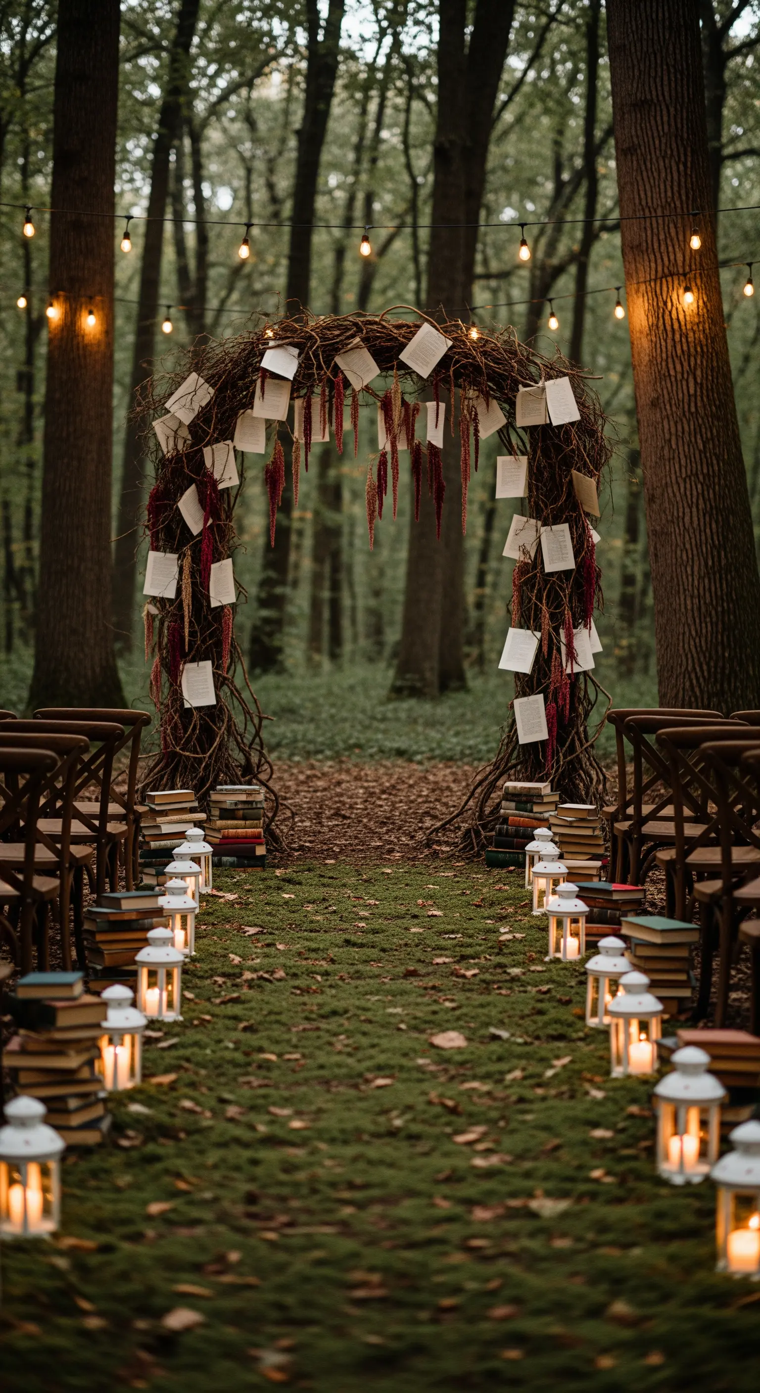Arco nuziale nel bosco decorato con rami intrecciati e pagine di libri.