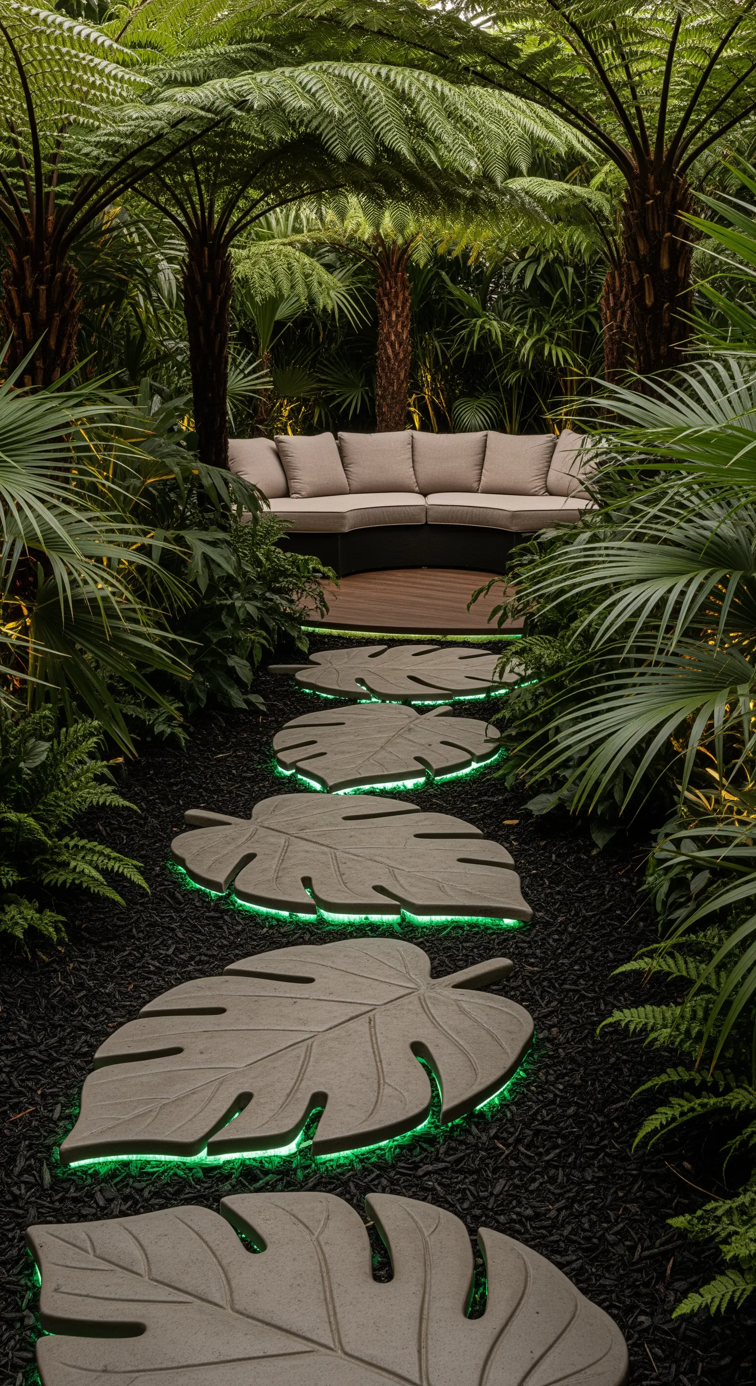 Sentiero in un giardino tropicale con segnapassi a forma di foglia di Monstera illuminati di verde.