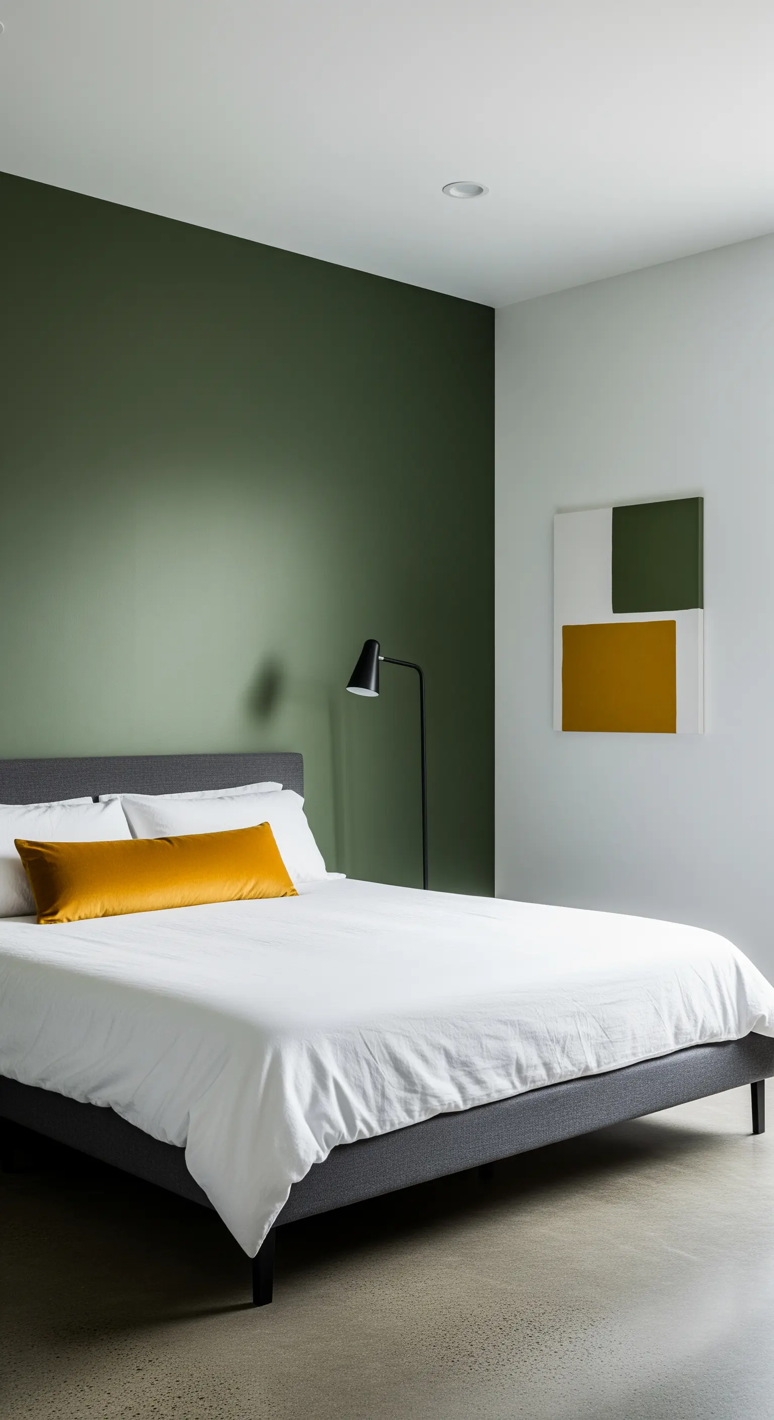 Camera da letto minimalista con parete d'accento verde oliva e un cuscino senape.