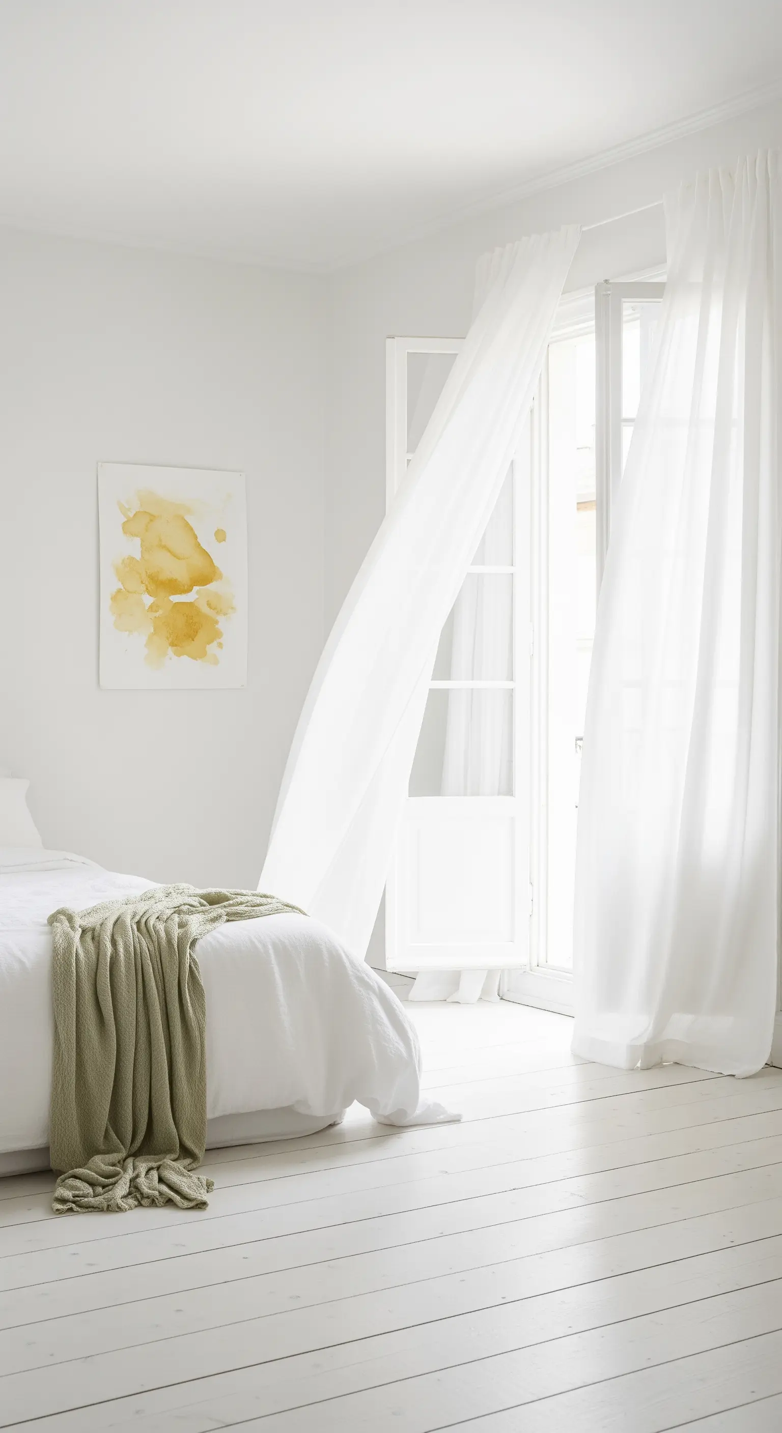 Camera da letto total white con plaid verde salvia e un quadro astratto senape.