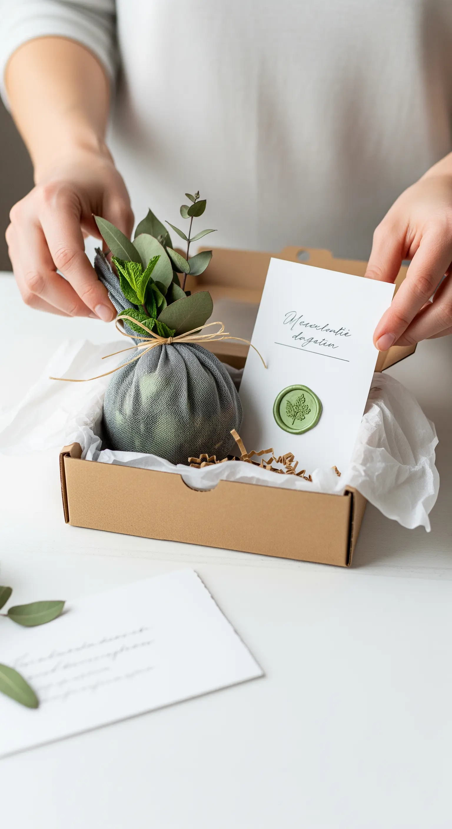 Confezione regalo con sacchetto profumato all'eucalipto e biglietto con sigillo in ceralacca.