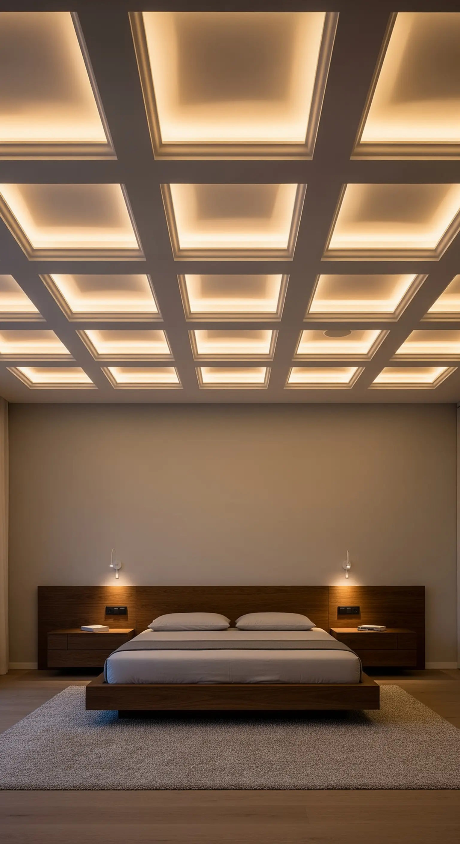 Soffitto a cassettoni con illuminazione a LED integrata in ogni riquadro.