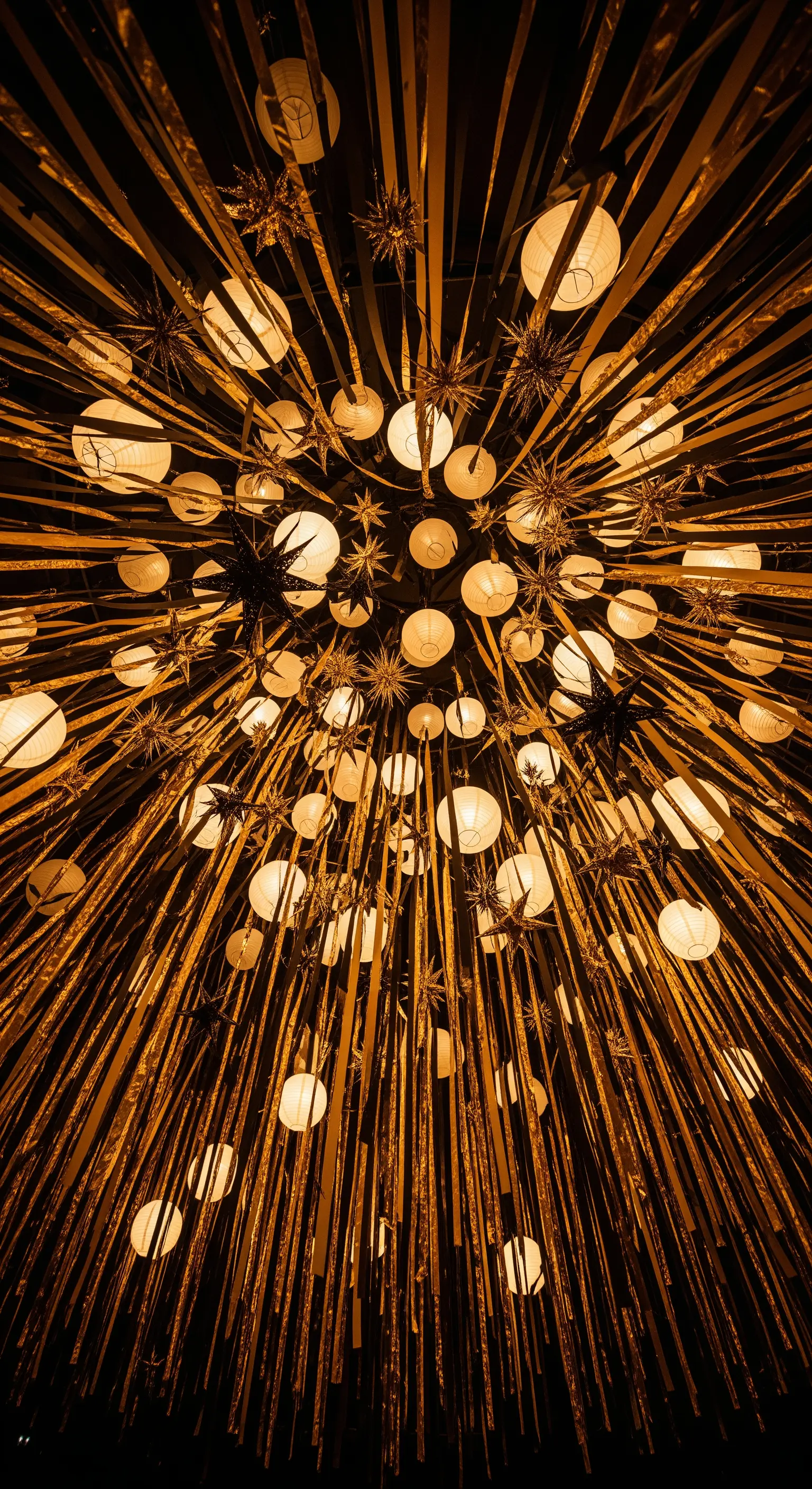 Installazione a soffitto con decine di lanterne di carta illuminate e nastri dorati.