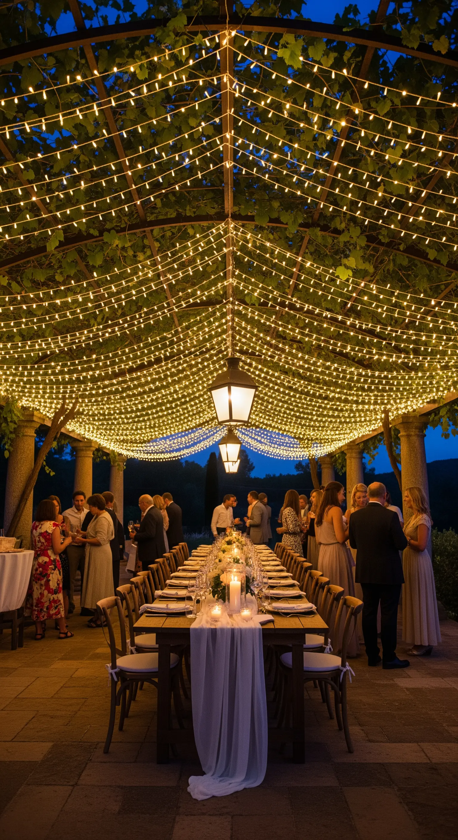 Lungo tavolo per un ricevimento sotto una pergola coperta da un fitto tetto di lucine.