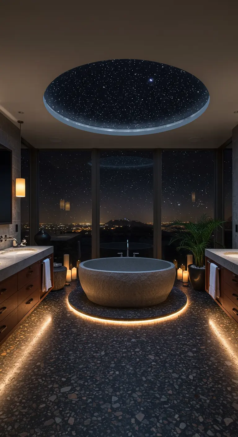 Vasca in pietra illuminata dal basso con un soffitto a effetto cielo stellato sopra.