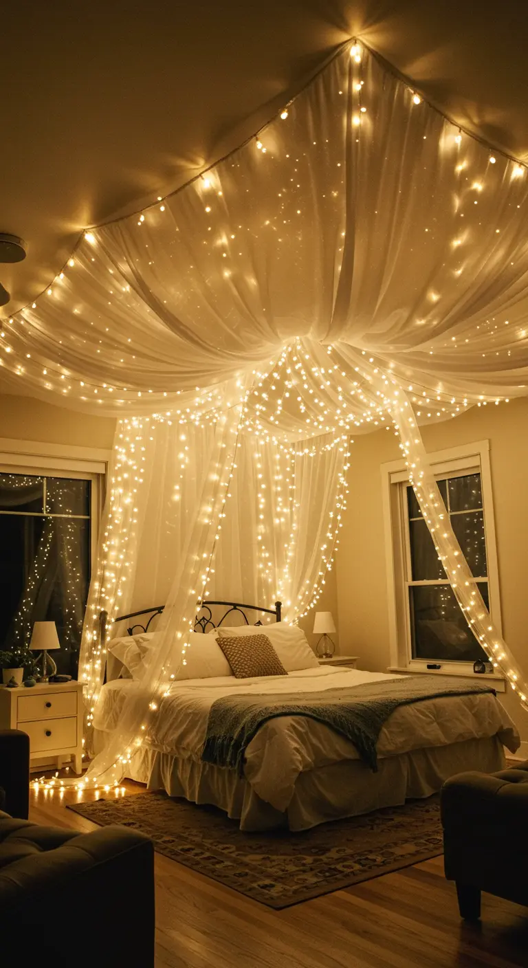 Soffitto e baldacchino interamente coperti da teli bianchi e una fitta rete di luci.