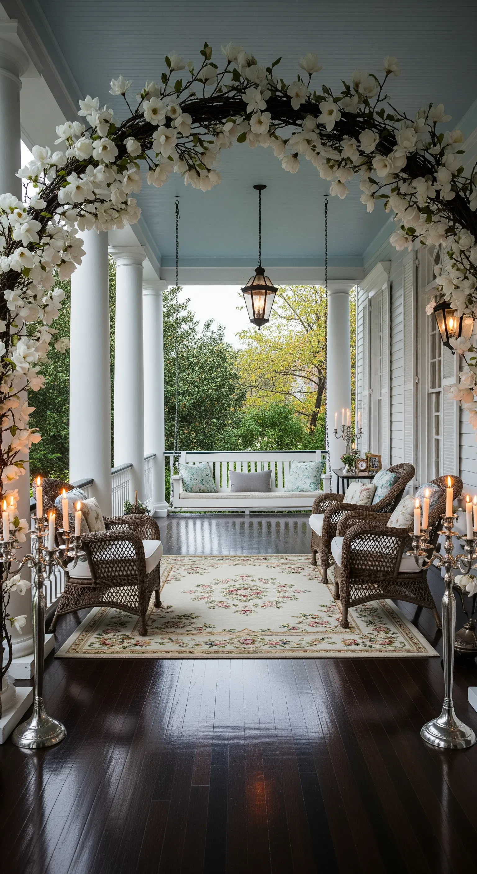 Portico elegante con colonne bianche, soffitto azzurro, arco di fiori bianchi e arredi in vimini