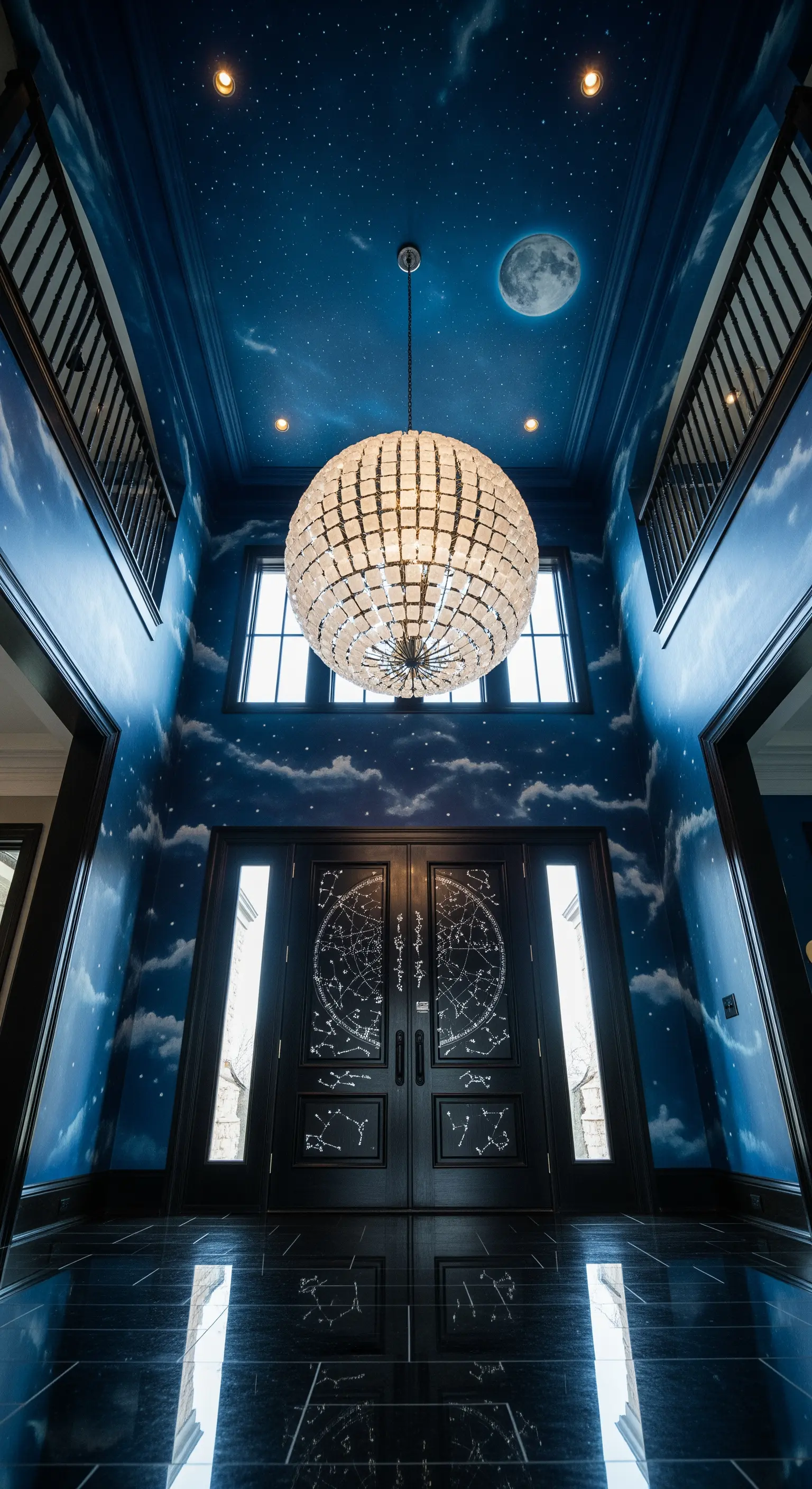 Ingresso con pareti e soffitto dipinti come un cielo notturno e un grande lampadario sferico.