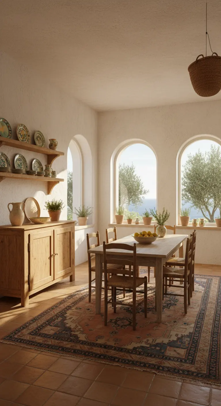 Cucina luminosa in stile costiero con vista mare e tappeto persiano sui toni del blu.