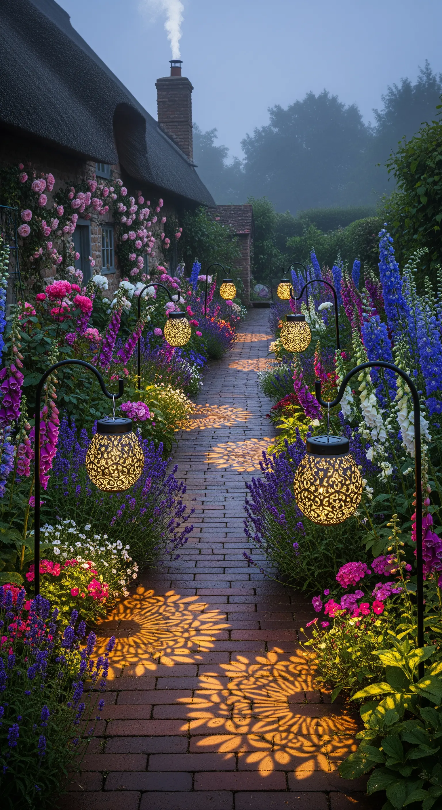 Vialetto di un cottage fiorito, illuminato da lanterne solari che proiettano disegni sul terreno.