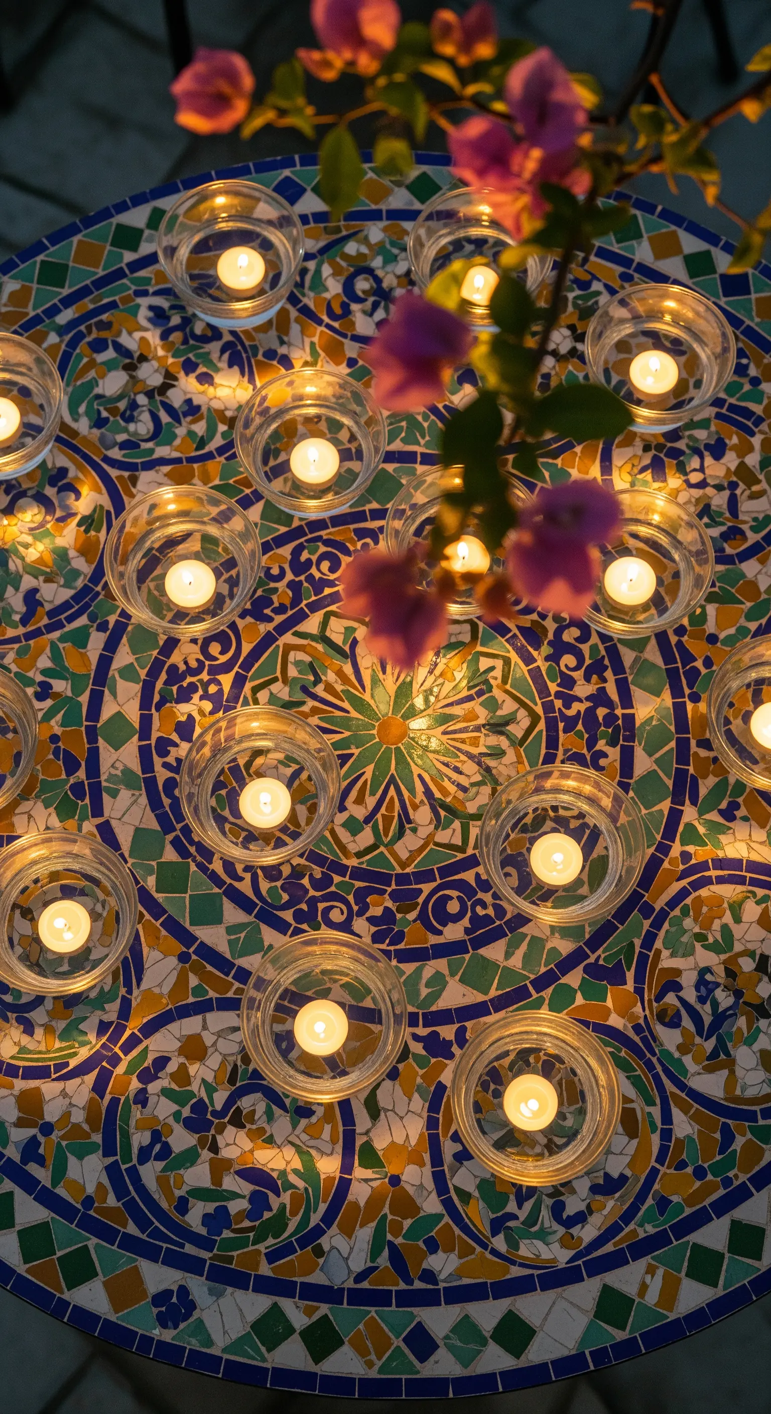 Vista dall'alto di un tavolo a mosaico coperto da decine di candele accese.