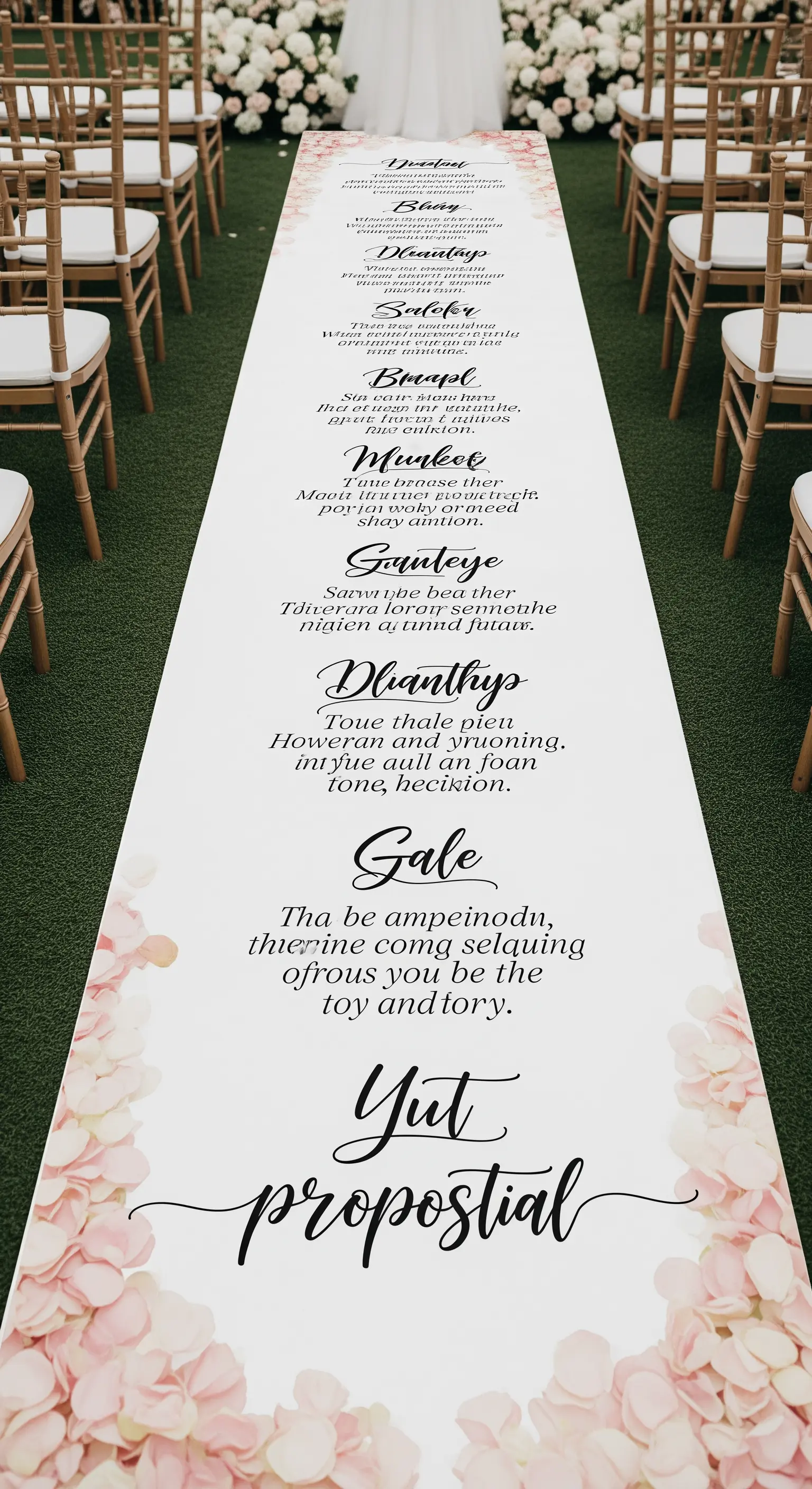 Navata della cerimonia con un runner bianco personalizzato con un lungo testo calligrafico.