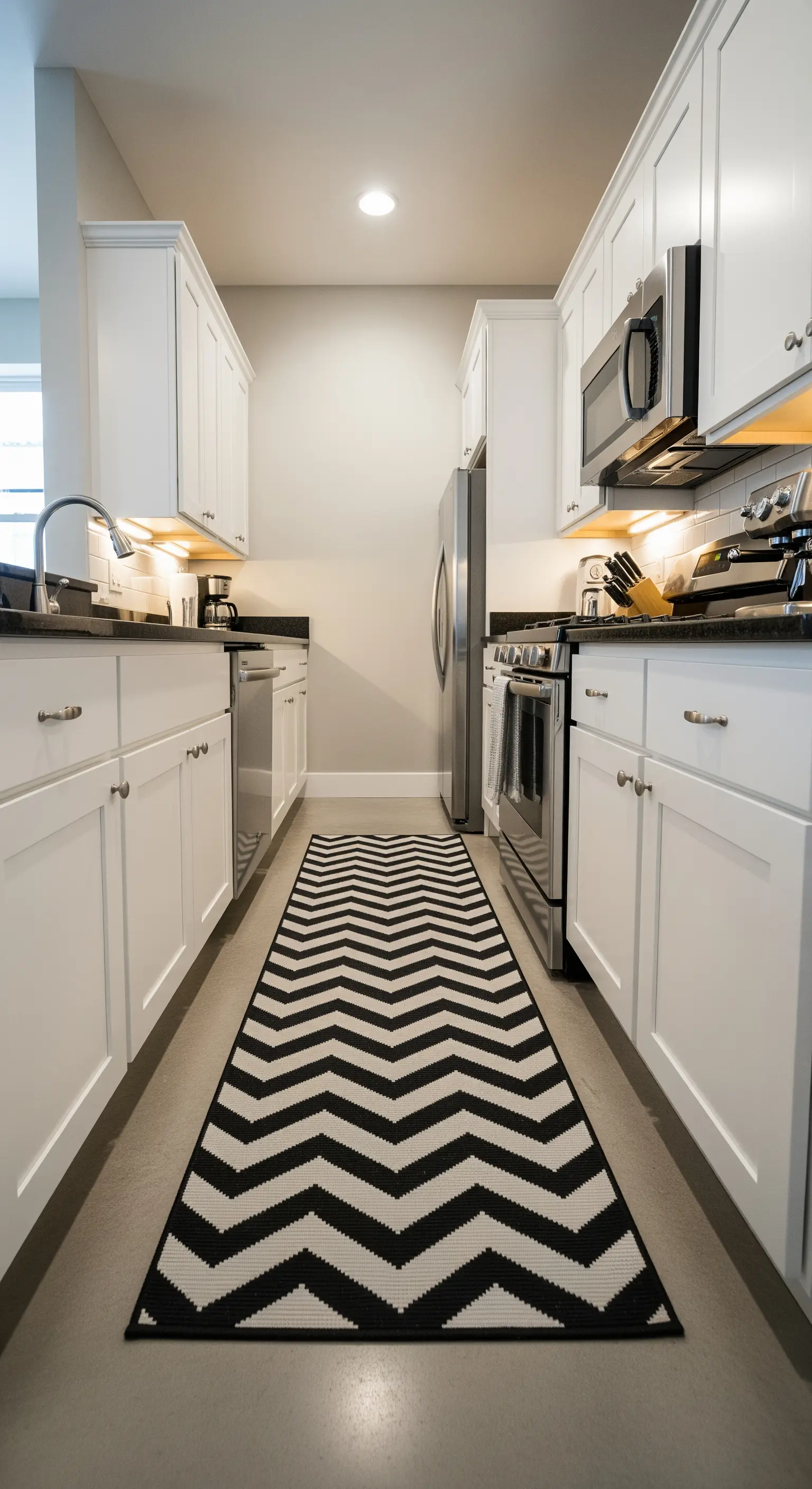 Cucina stretta e lunga con un tappeto runner a motivo chevron bianco e nero.
