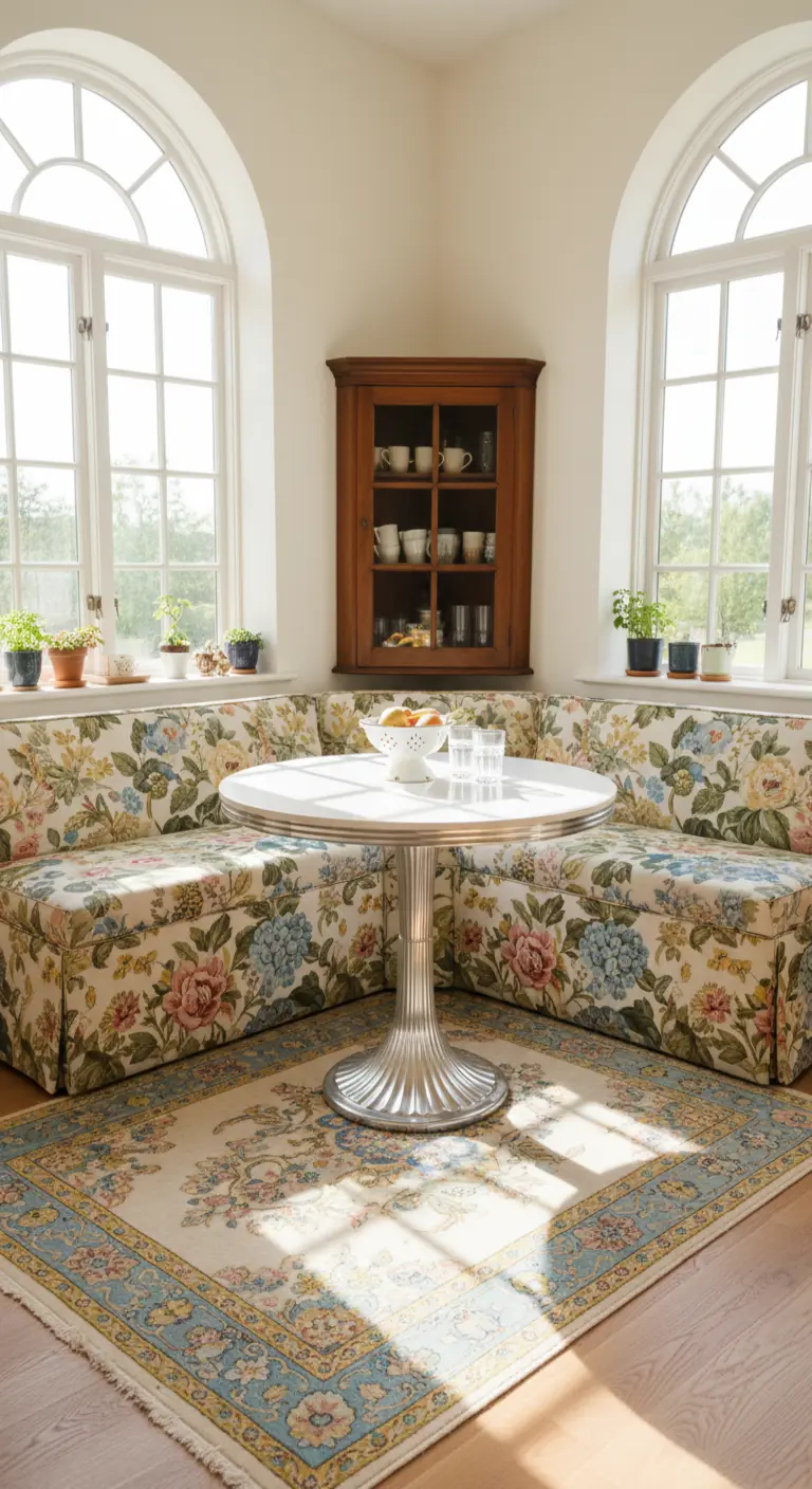 Angolo colazione con panca a L fiorata e tappeto persiano dai toni chiari.