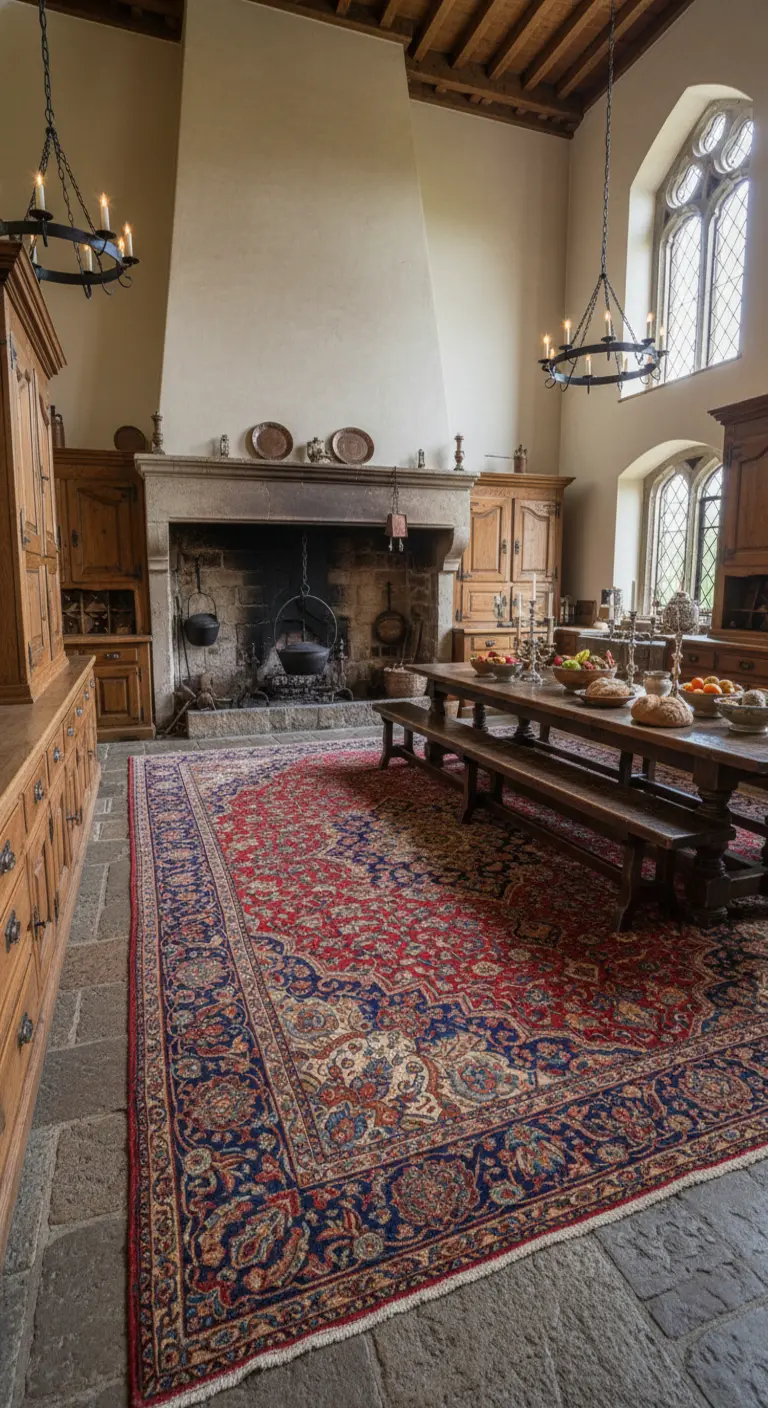 Cucina maestosa in stile castello con enorme camino in pietra e tappeto persiano oversize.