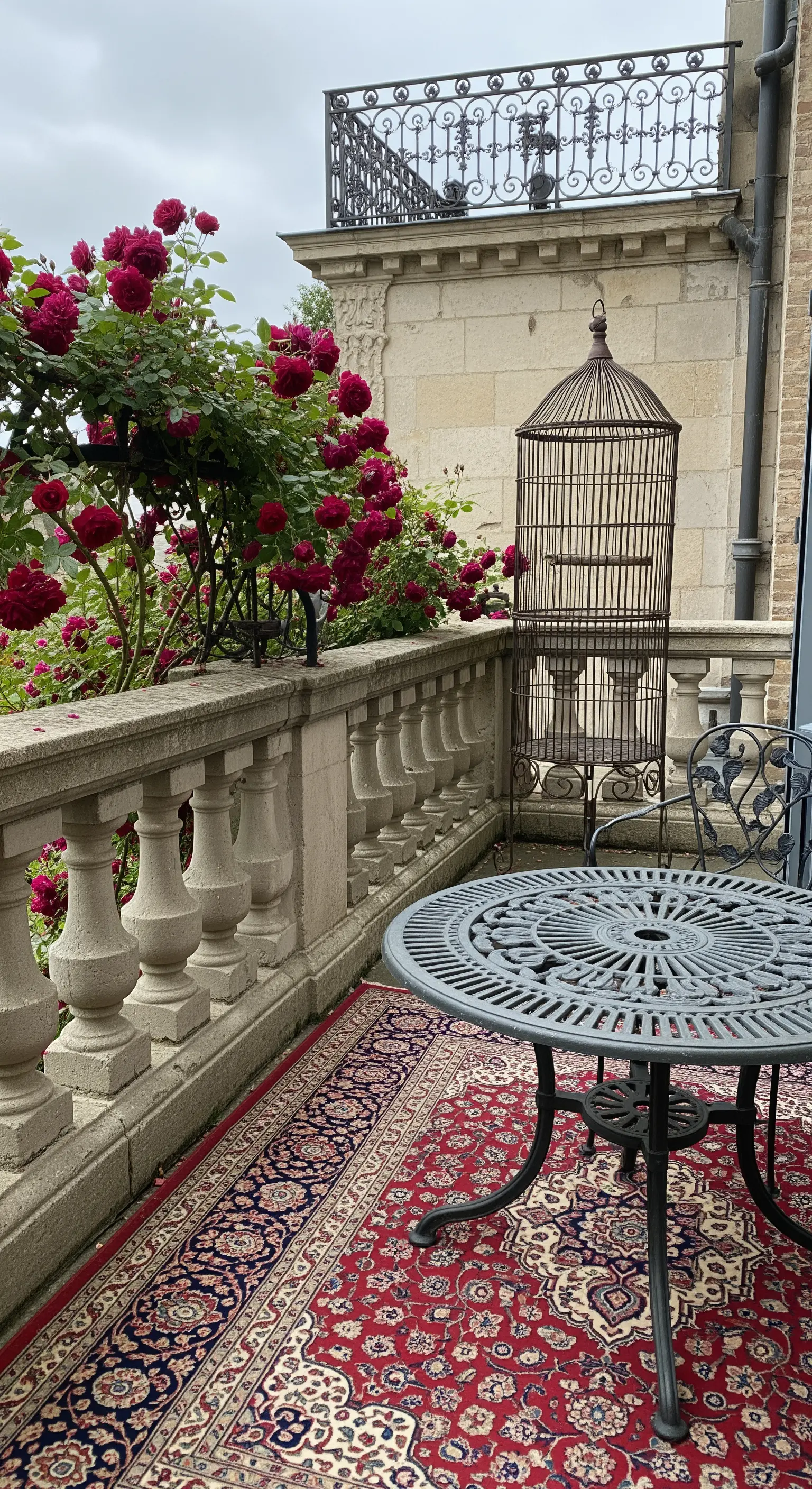 Balcone in pietra con un grande tappeto persiano rosso e un tavolo da giardino in metallo