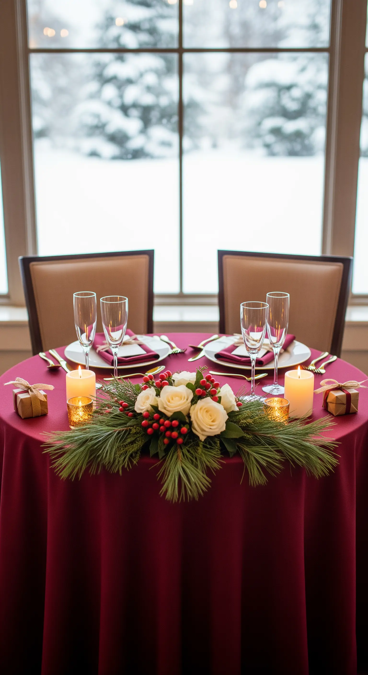 Tavolo romantico per due con centrotavola di rose bianche e pino.