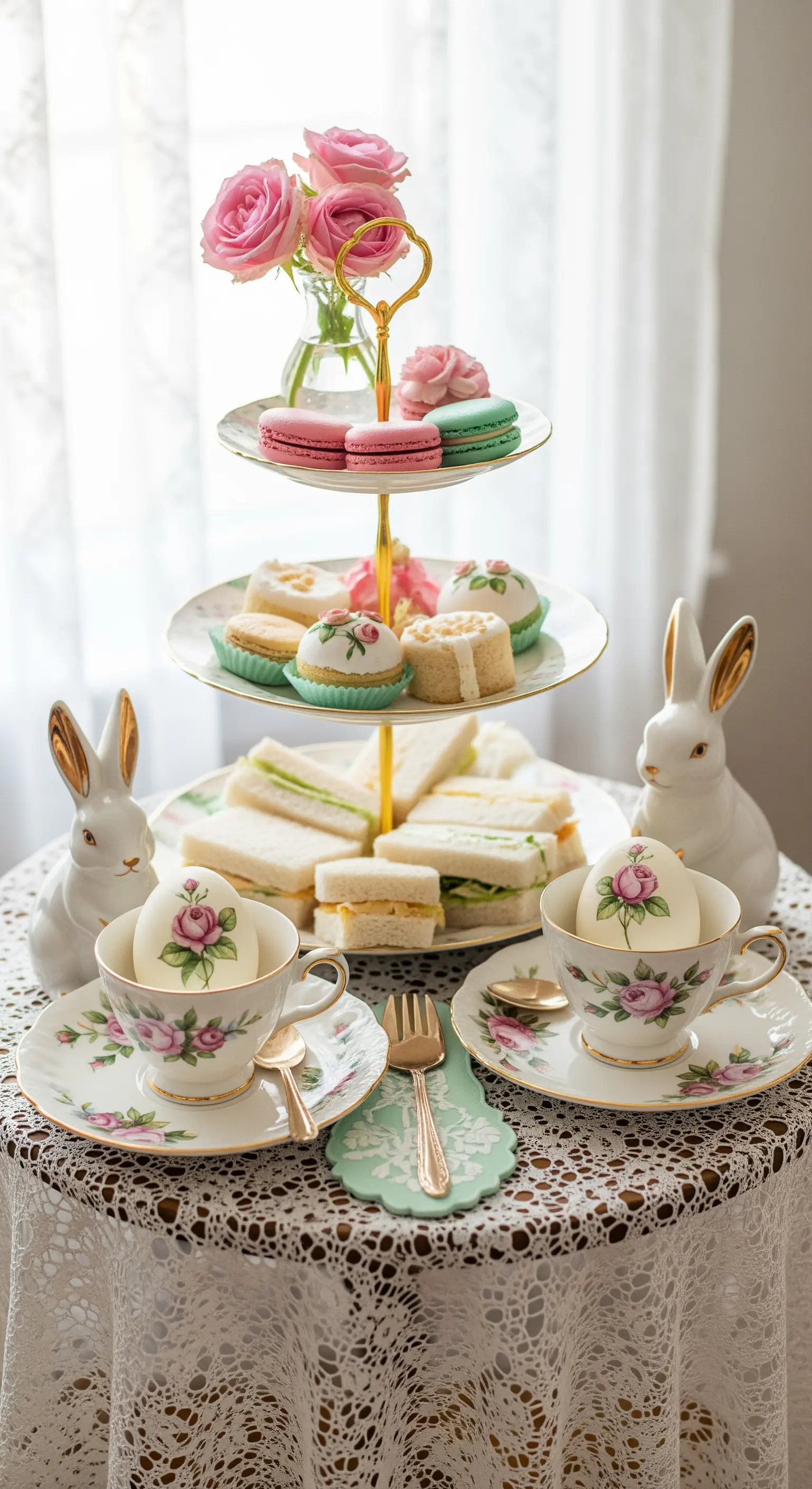 Angolo per il tè pasquale con alzata per dolci, servizio in porcellana floreale e tovaglia in pizzo