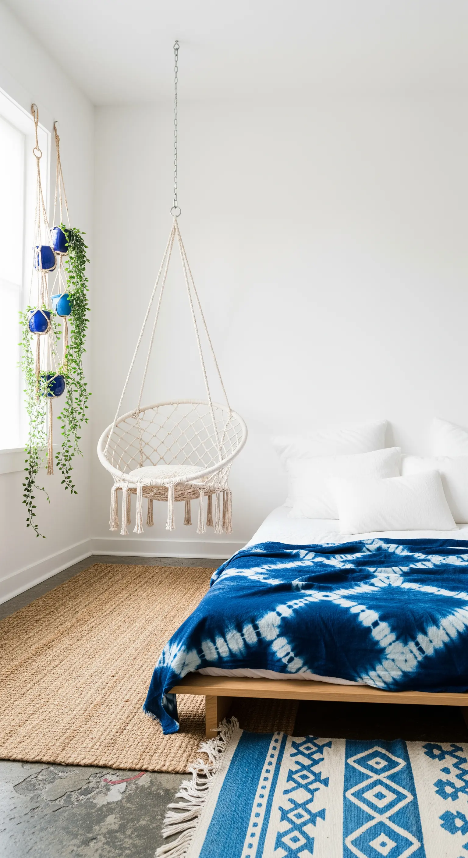 Camera da letto con coperta tie-dye blu, sedia sospesa in macramè e tappeto in iuta.