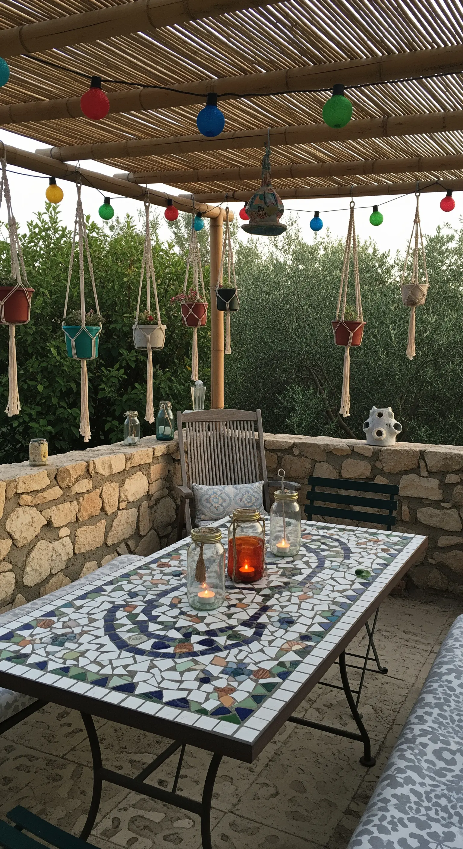 Patio con tetto in bambù, piante sospese in macramè, lampadine colorate e tavolo in mosaico