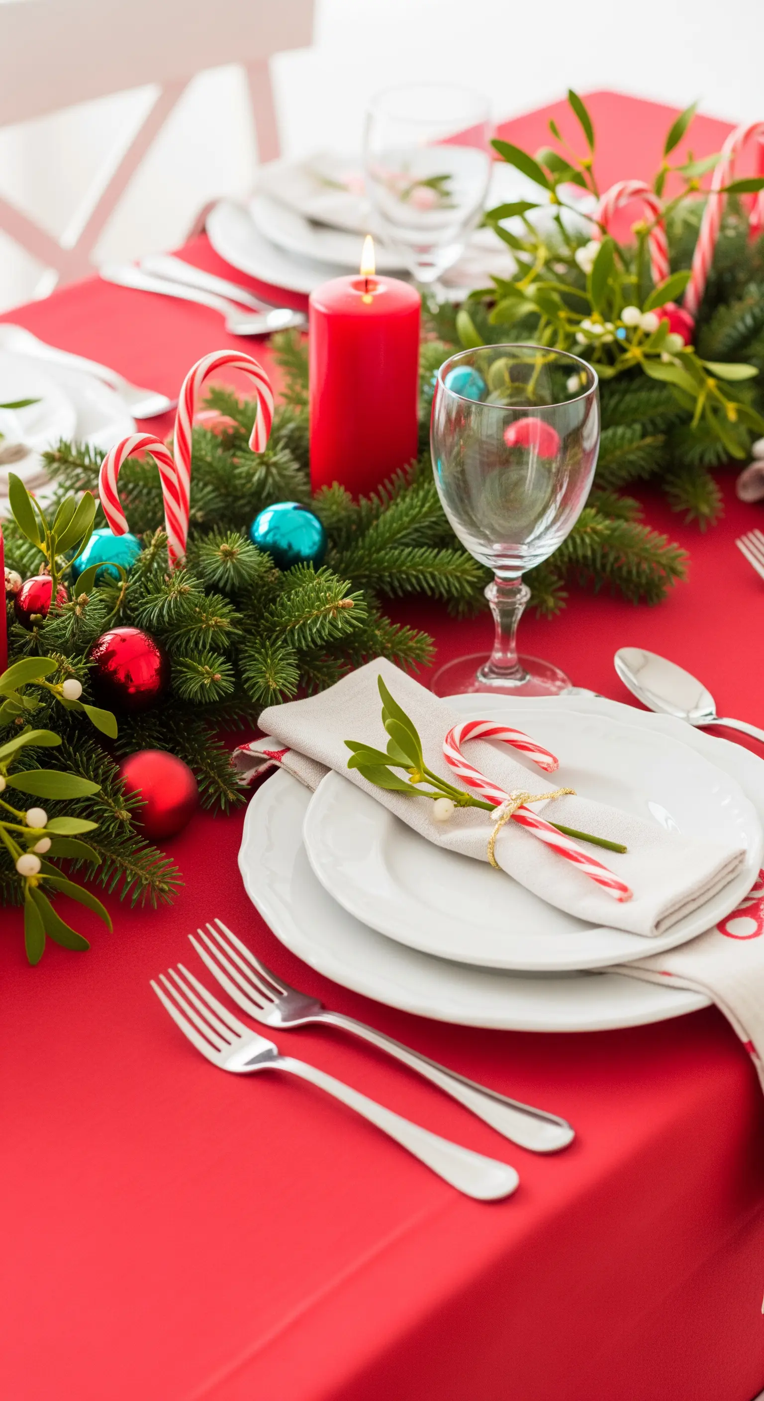 Tavola natalizia allegra con bastoncini di zucchero e palline colorate.