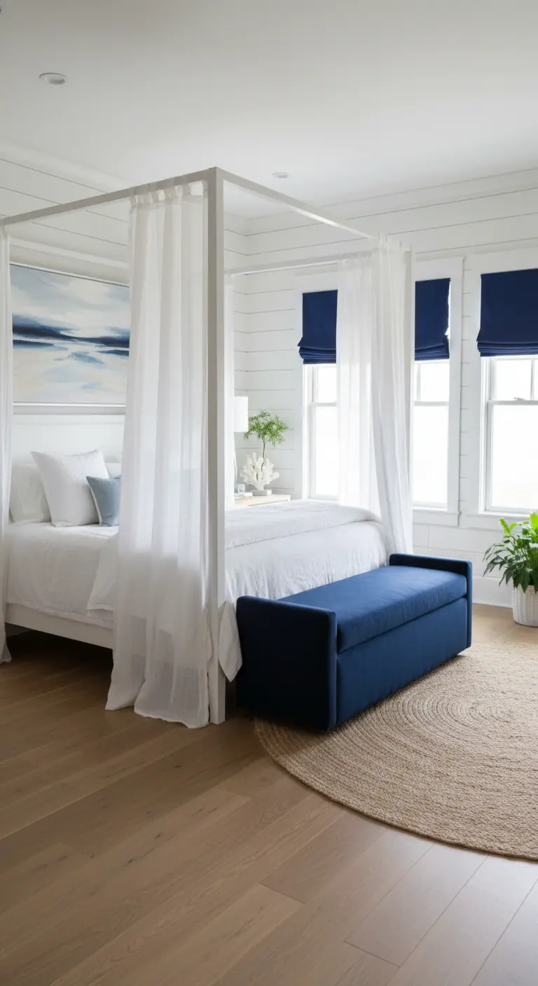 Panca contenitore in velluto blu ai piedi di un letto a baldacchino bianco.