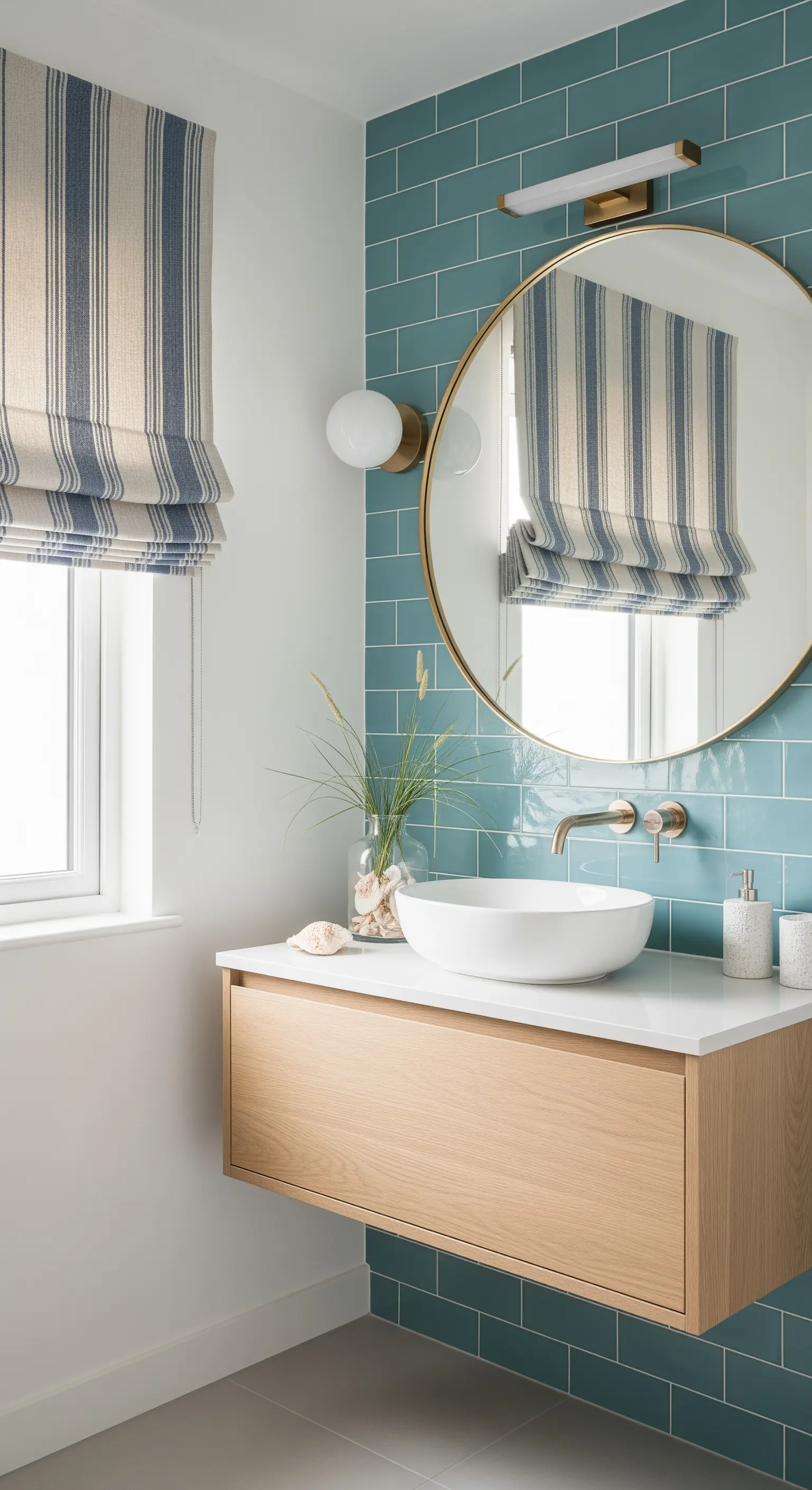 Lavabo con mobile in legno, piastrelle blu e specchio rotondo con cornice dorata.