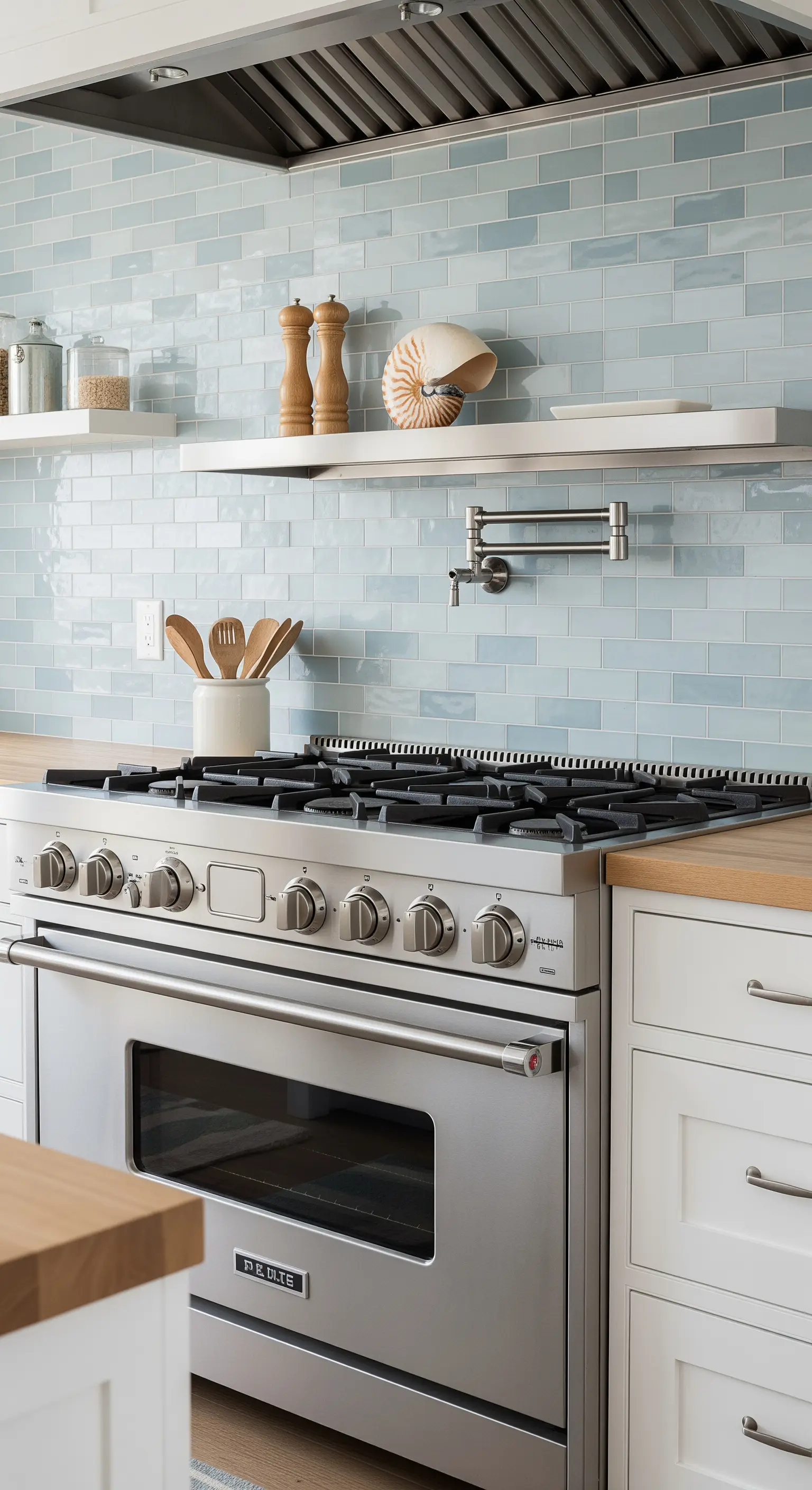 Paraschizzi con piastrelle azzurre lucide dietro un grande piano cottura in acciaio.