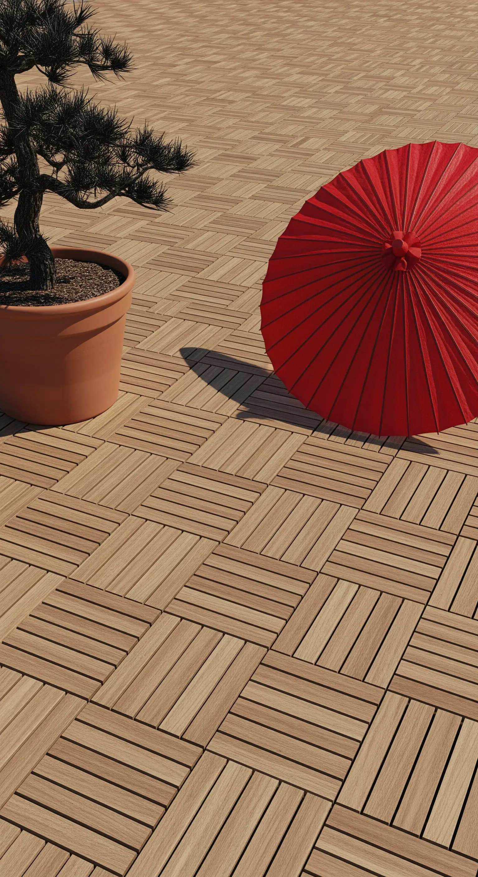Pavimento a piastrelle di legno con un bonsai e un ombrello tradizionale giapponese rosso.