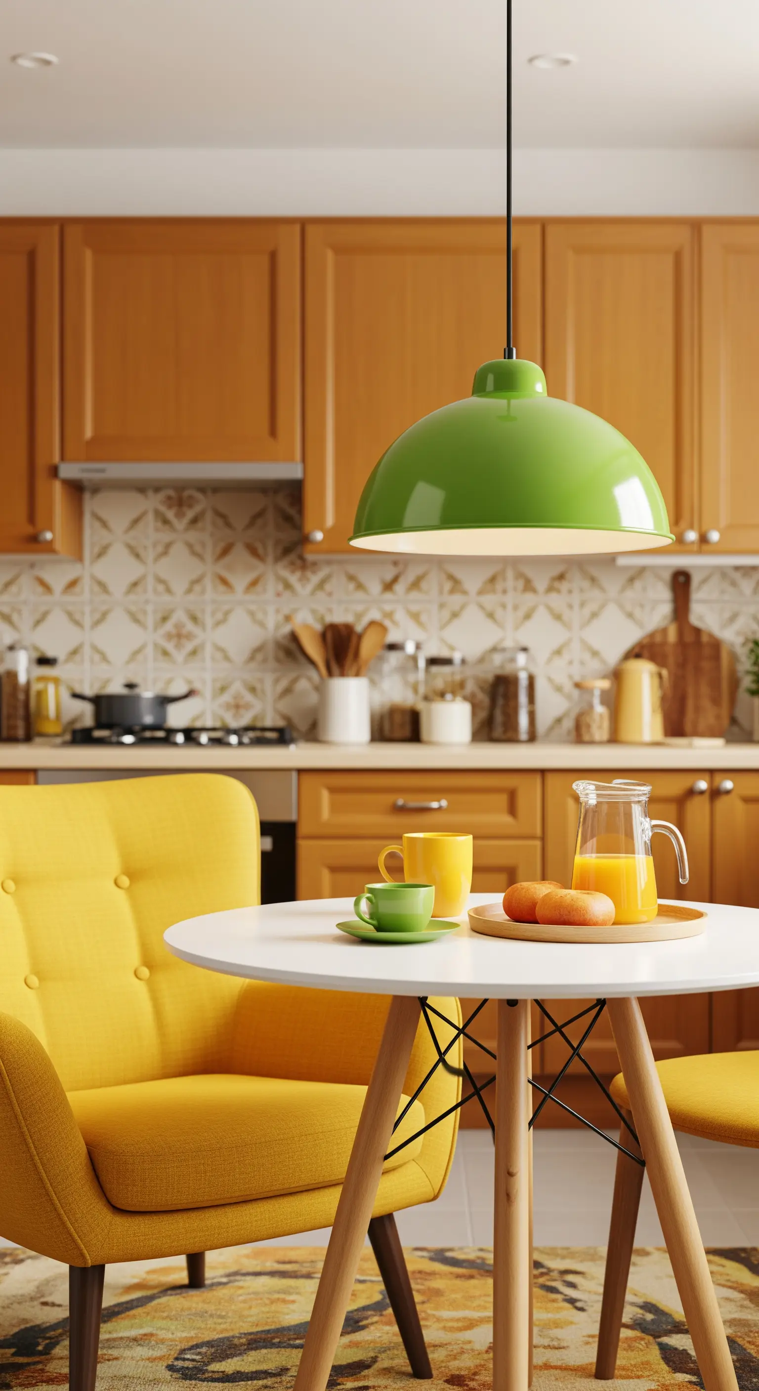 Angolo pranzo in cucina con sedia senape, tavolo bianco e lampada a sospensione verde.