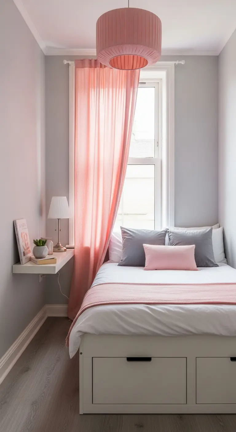 Camera da letto stretta con pareti grigie, letto con cassetti e una tenda rosa corallo.