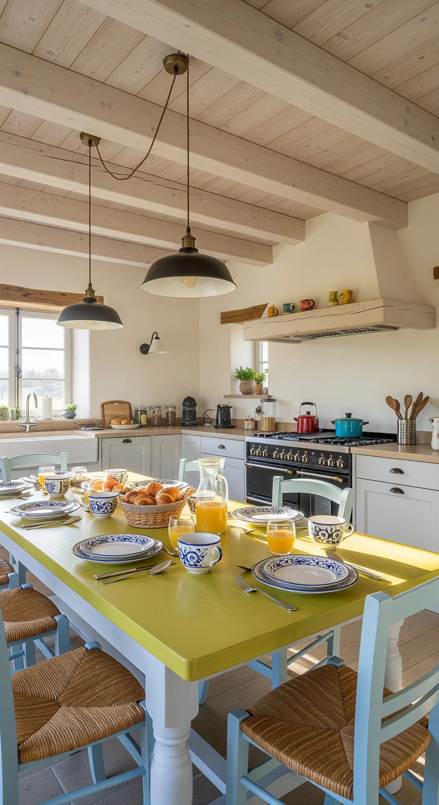 Cucina rustica con tavolo da pranzo verniciato di un giallo-verde brillante.