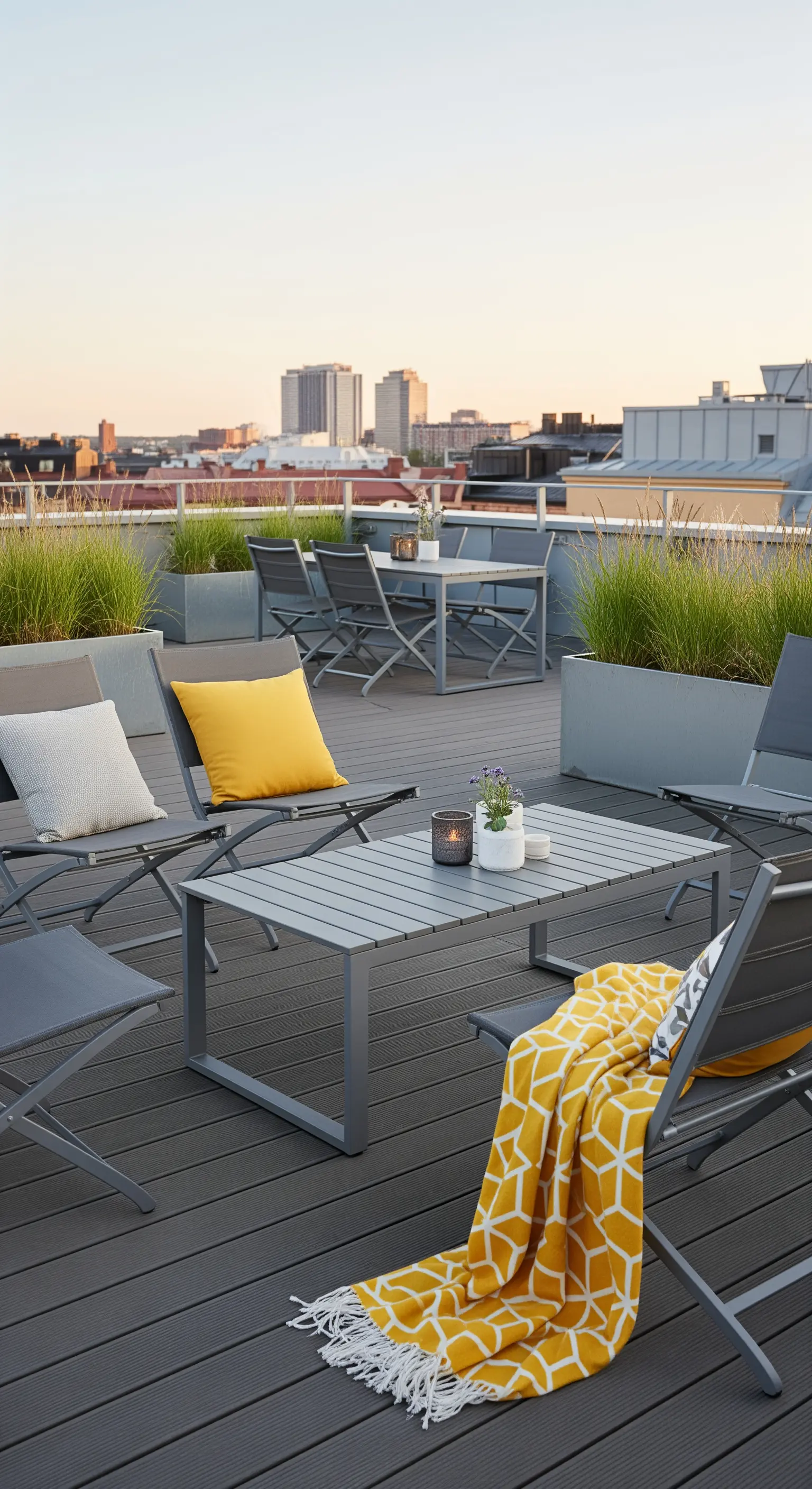 Terrazza urbana con arredi pieghevoli grigi e accenti tessili di colore giallo acceso.