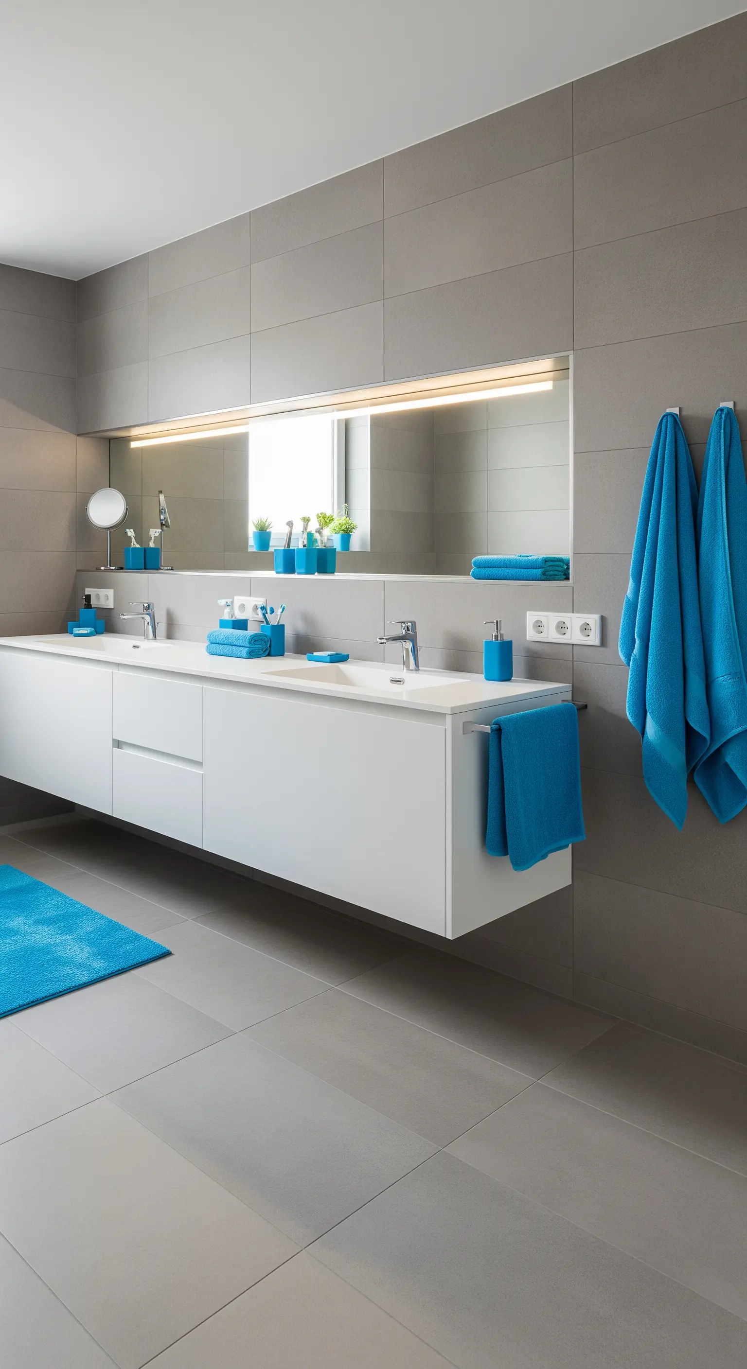Bagno con piastrelle grigie e mobile bianco a doppio lavabo, con accenti di colore blu acceso.
