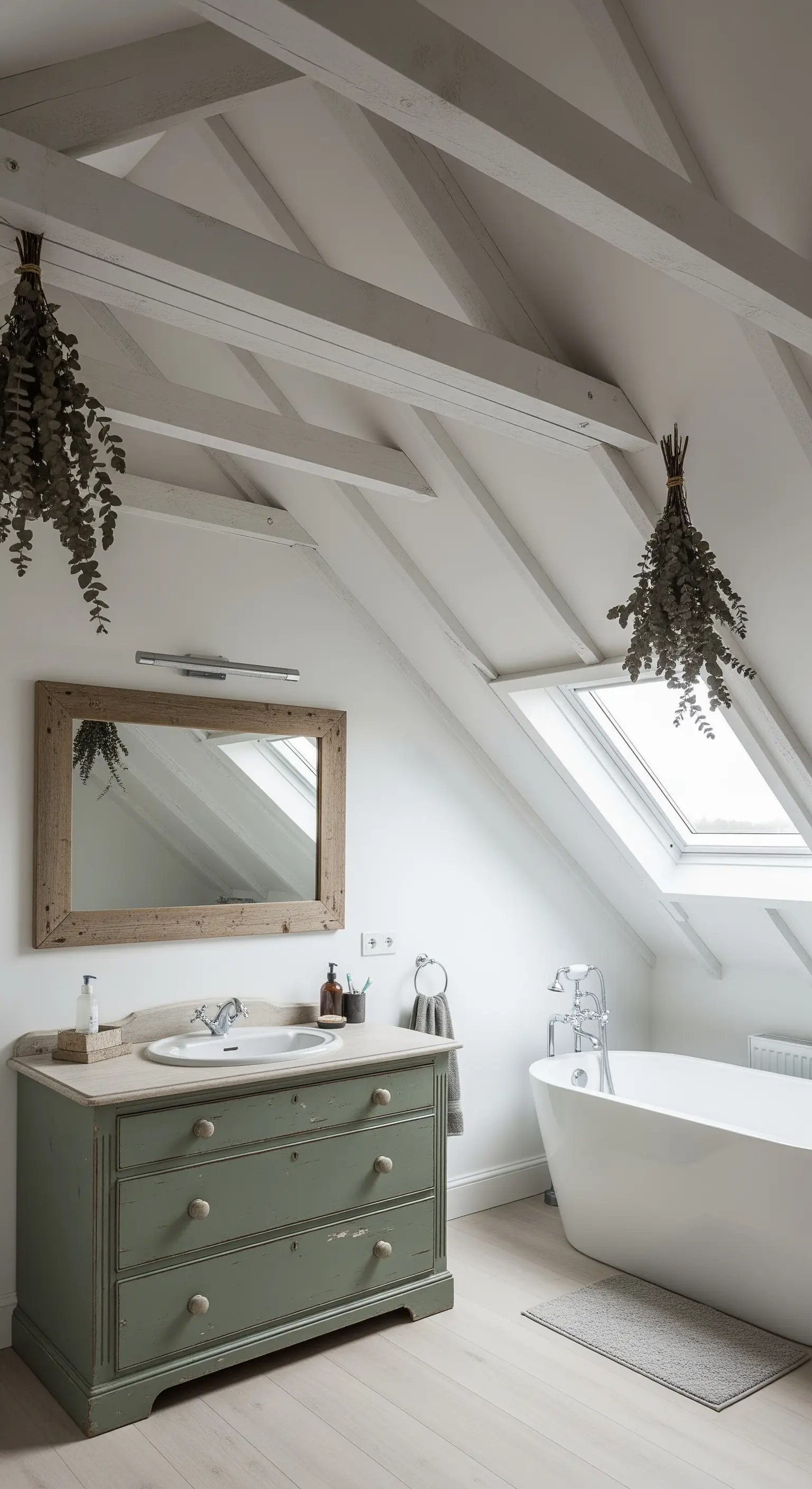 Bagno in mansarda con mobile lavabo verde salvia decapé e travi a vista.