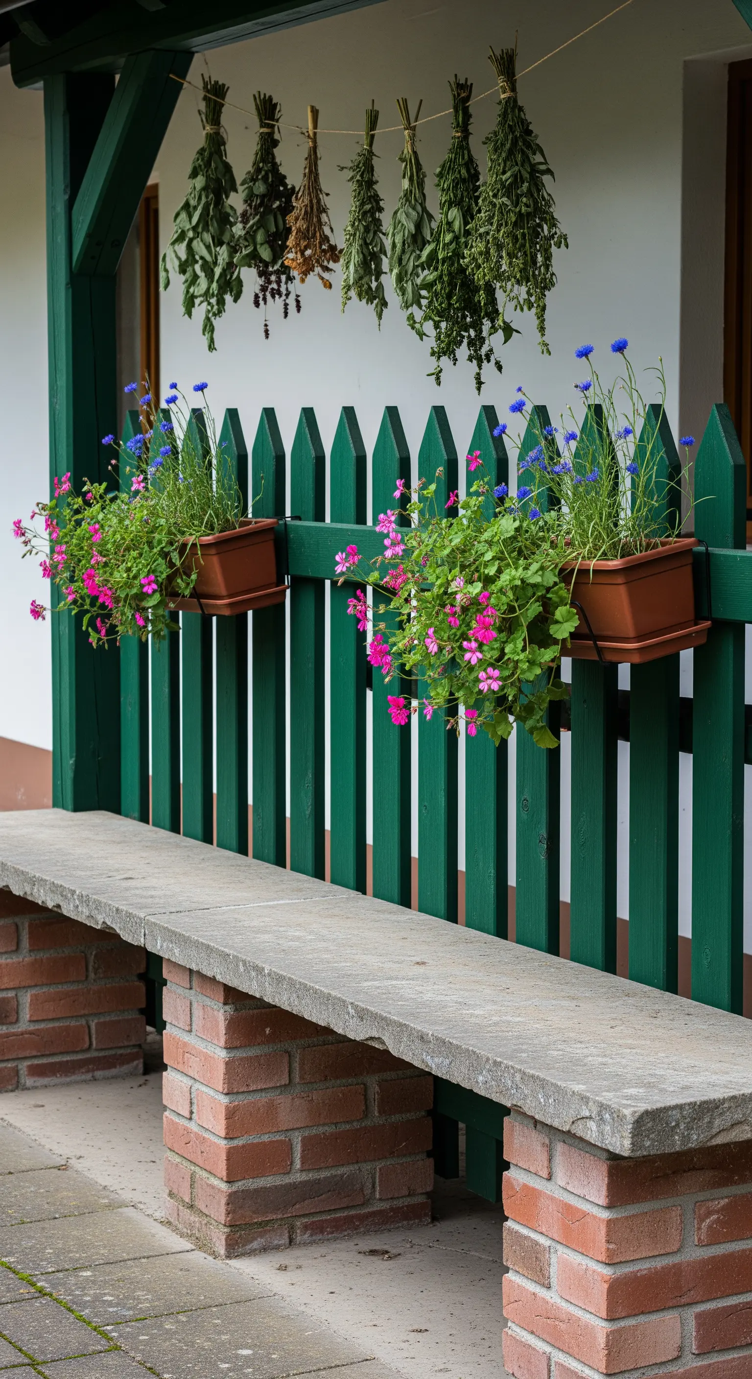 Panca con base in mattoni davanti a una staccionata verde con fioriere colorate.