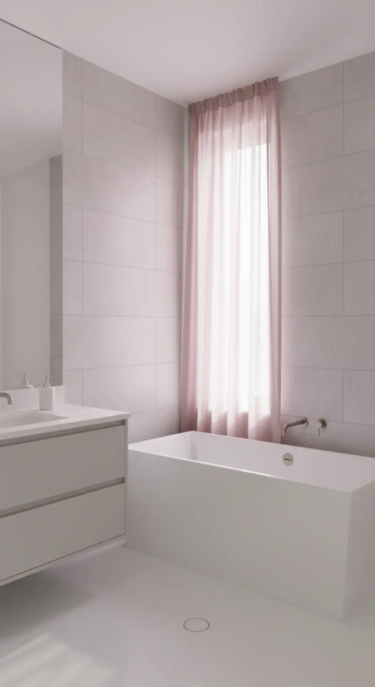 Bagno minimalista con piastrelle grigie, vasca bianca e una tenda lunga rosa cipria.