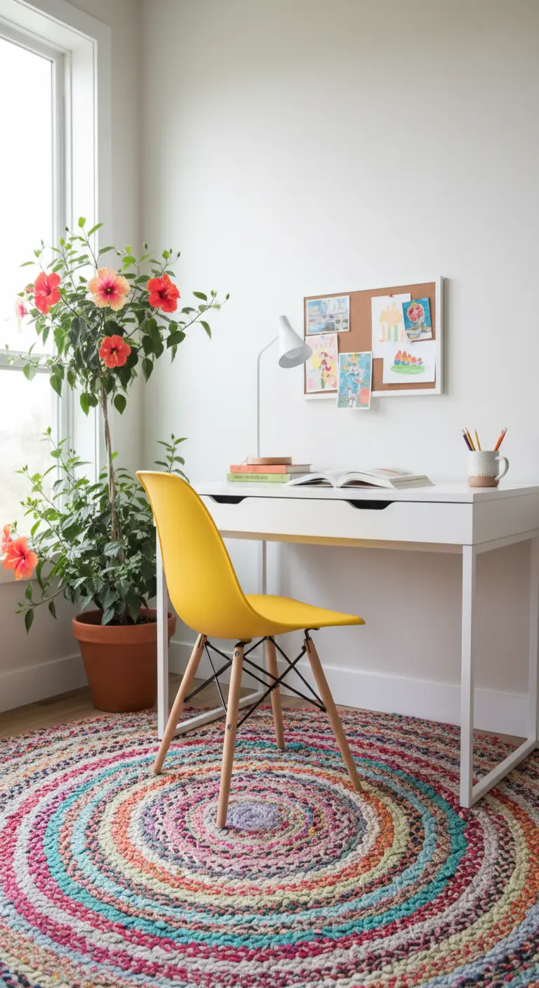Scrivania bianca con sedia gialla, tappeto intrecciato colorato e una pianta di ibisco in fiore.
