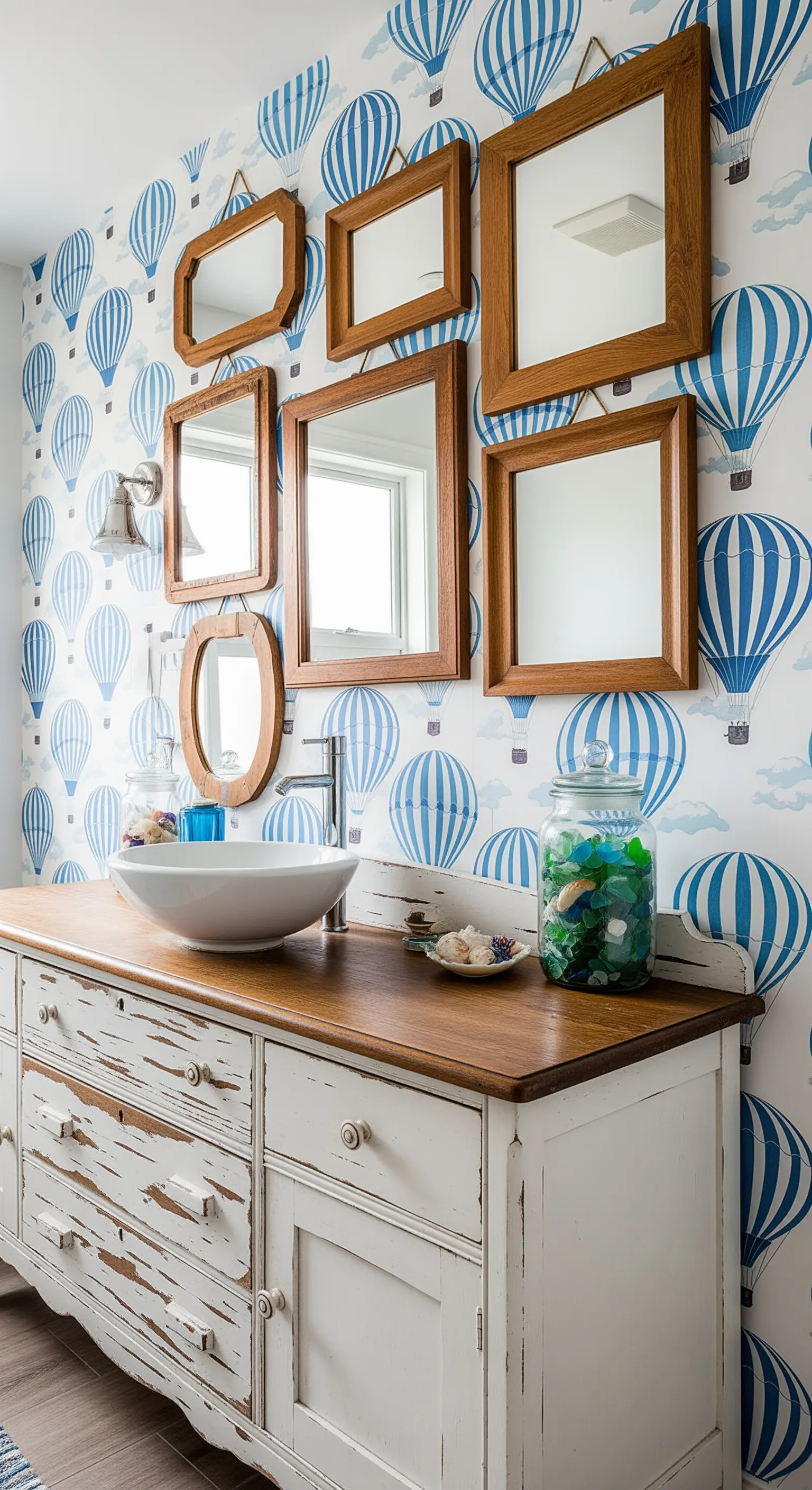 Bagno con carta da parati a tema mongolfiere e mobile lavabo in legno decapato.