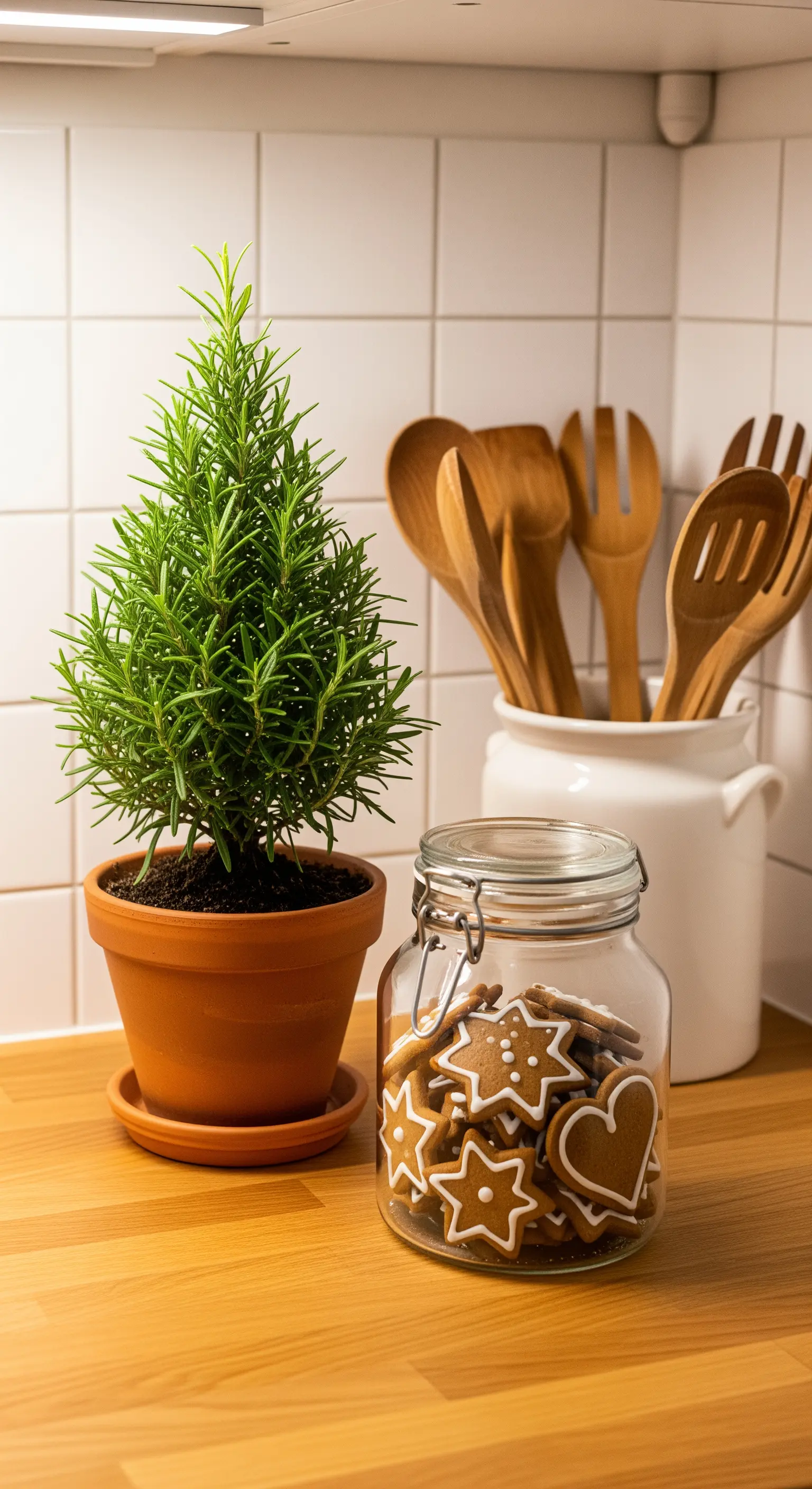 Angolo cucina con un piccolo rosmarino in vaso e un barattolo di biscotti allo zenzero.