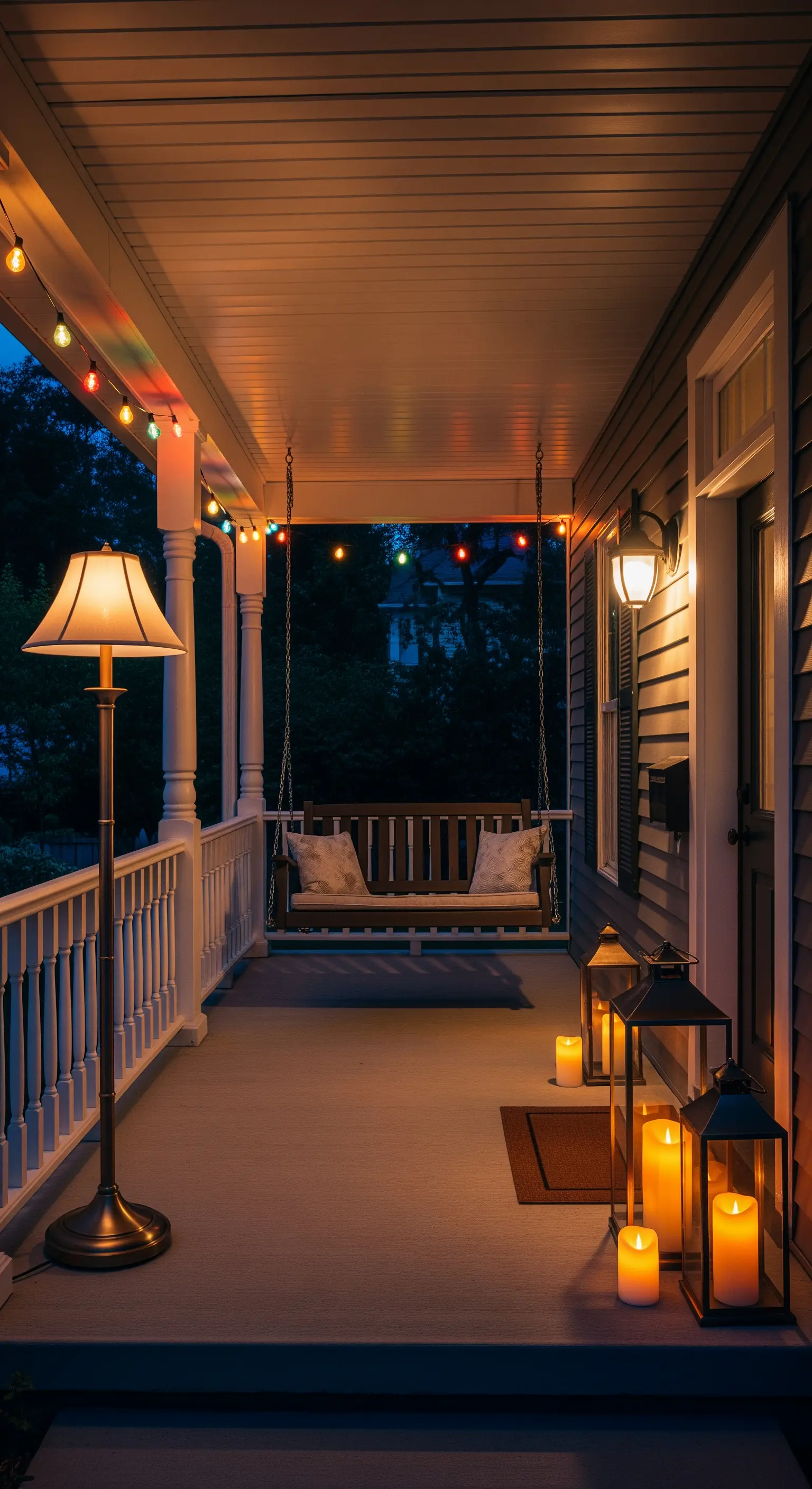 Veranda con dondolo, illuminata da una lampada da terra classica e una catena di luci colorate.