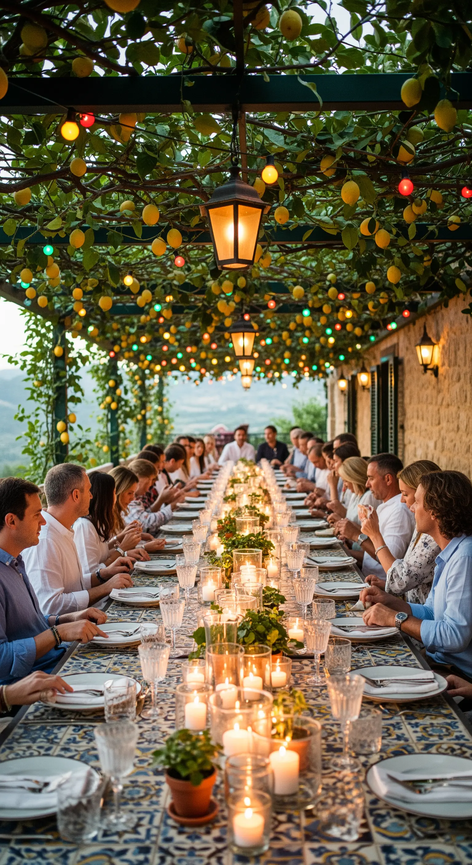 Tavolata sotto un pergolato di limoni, con candele sul tavolo e lucine colorate appese