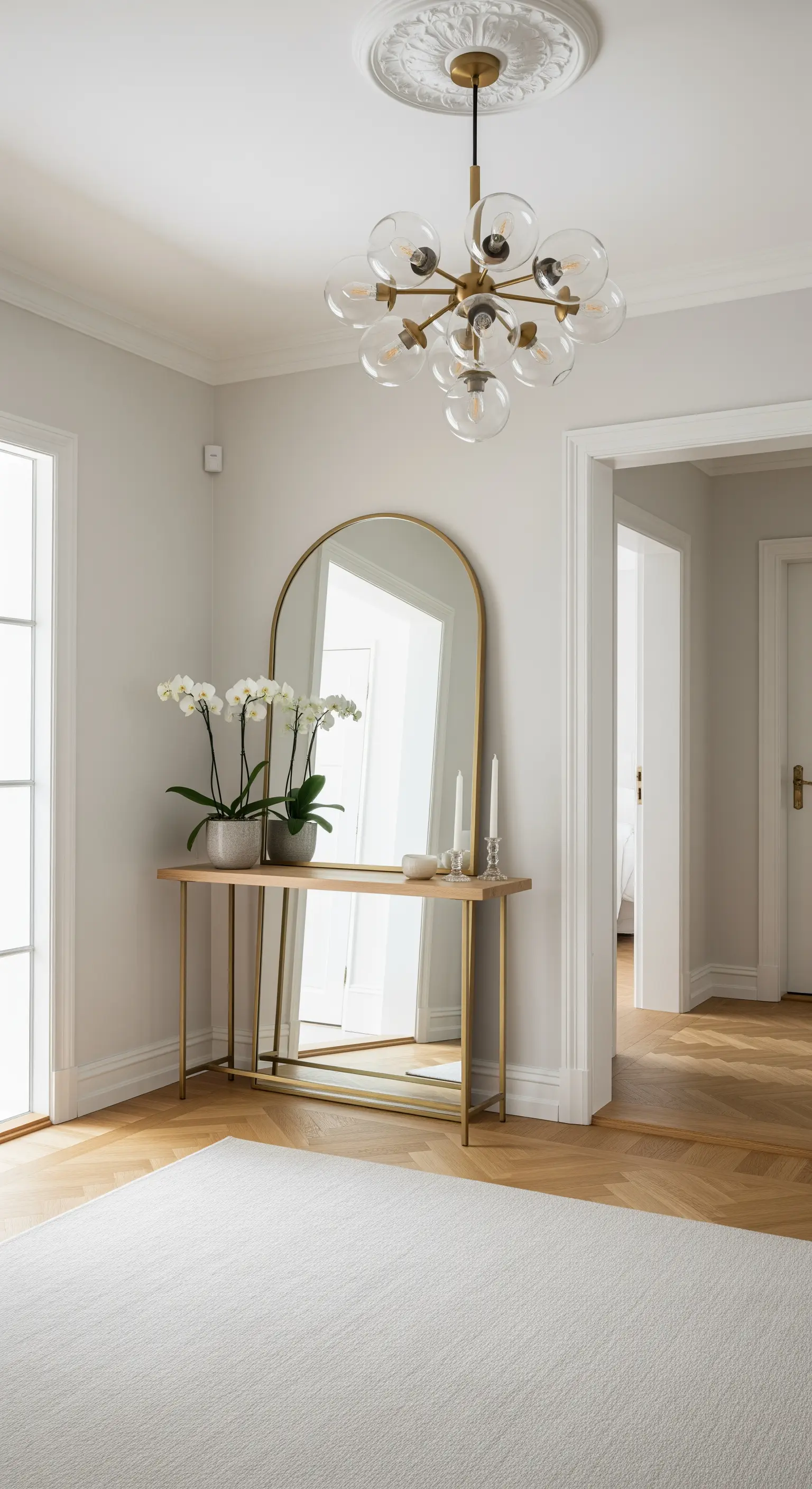 Ingresso elegante con consolle e specchio con profili dorati e un lampadario di design.