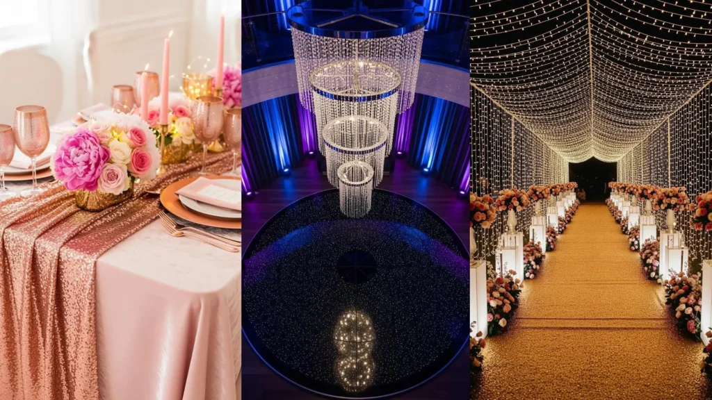 Idee per party nuziale chic e moderno: tavolo con glitter, pista da ballo e corridoio decorati con luci LED scintillanti.