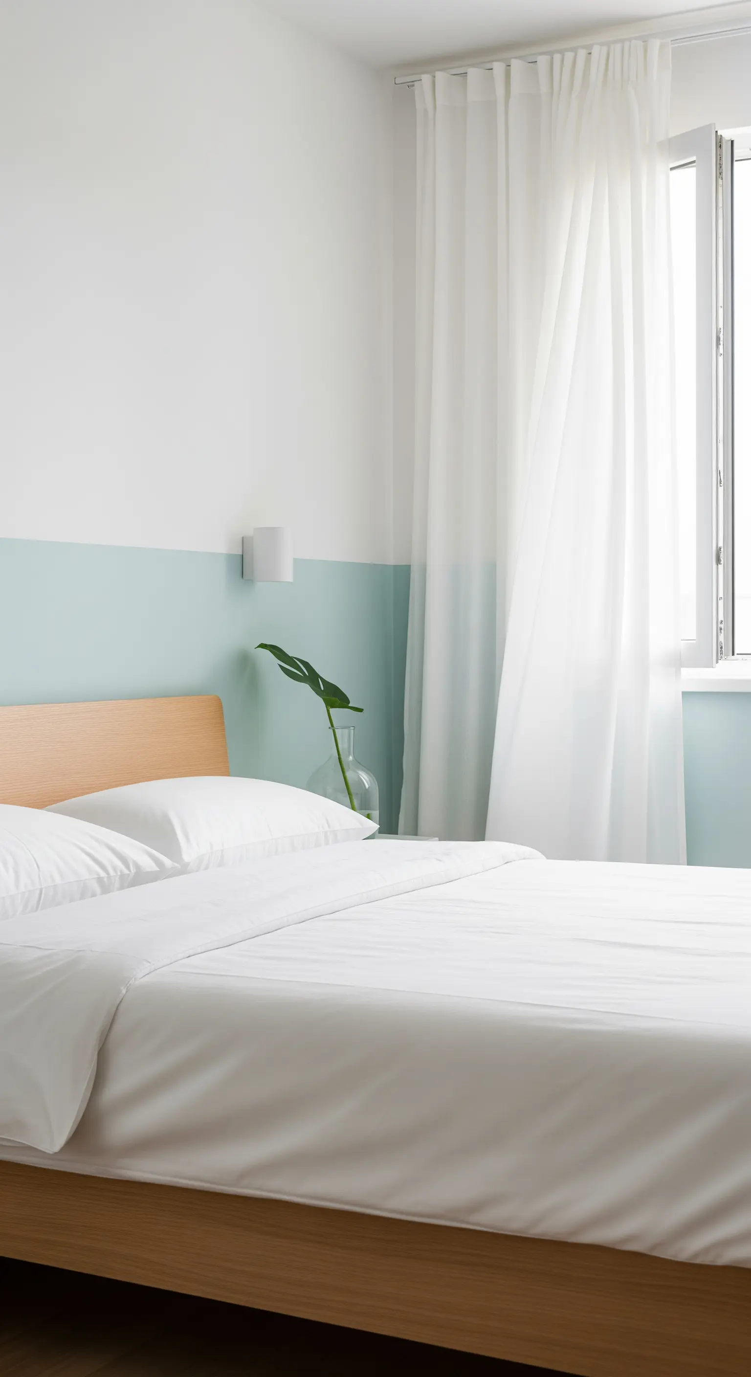 Camera da letto minimalista e luminosa con parete bicolore verde menta e bianca.