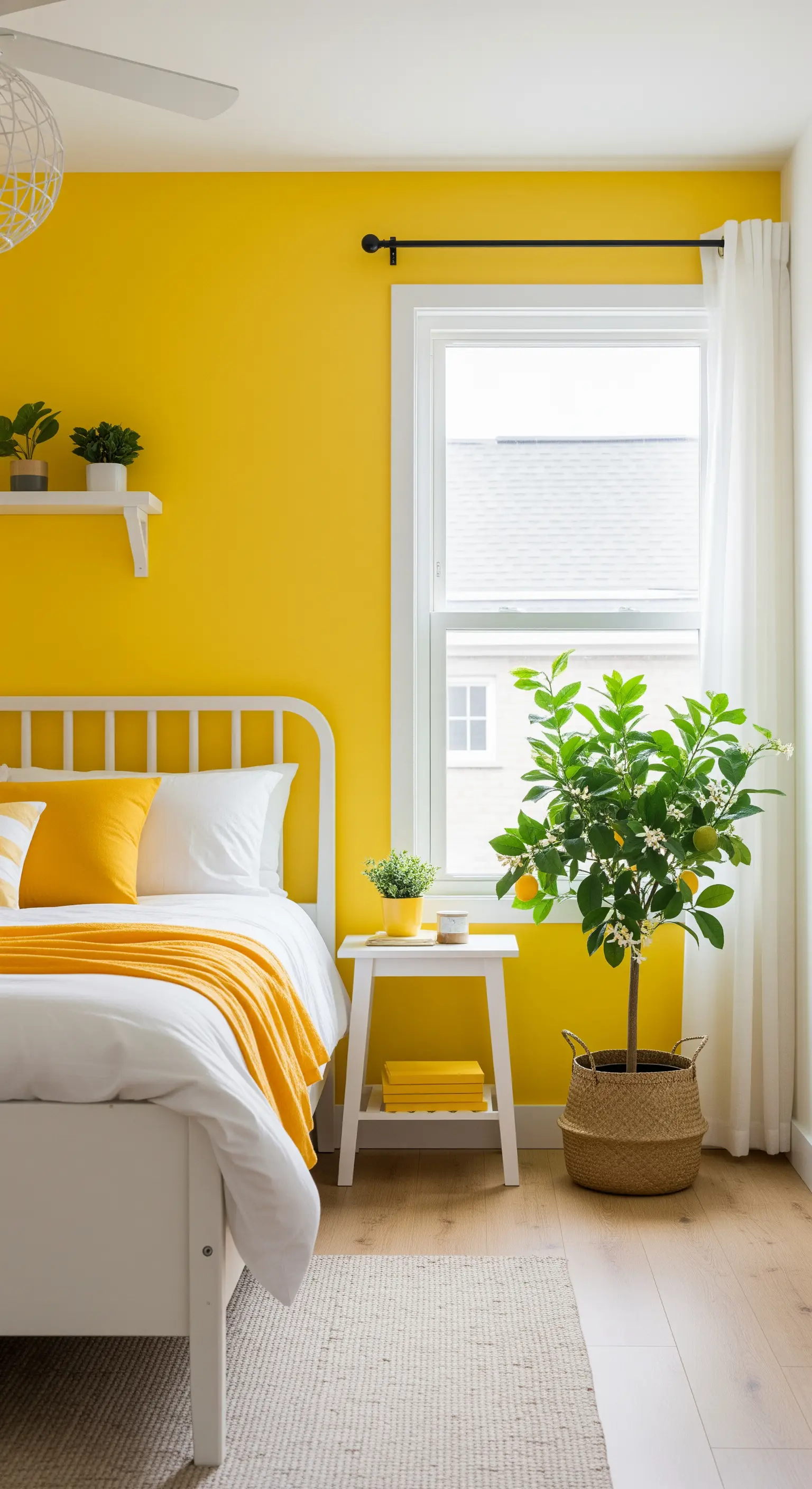 Camera da letto con pareti gialle e un piccolo albero di limoni in un cesto di vimini accanto al letto.